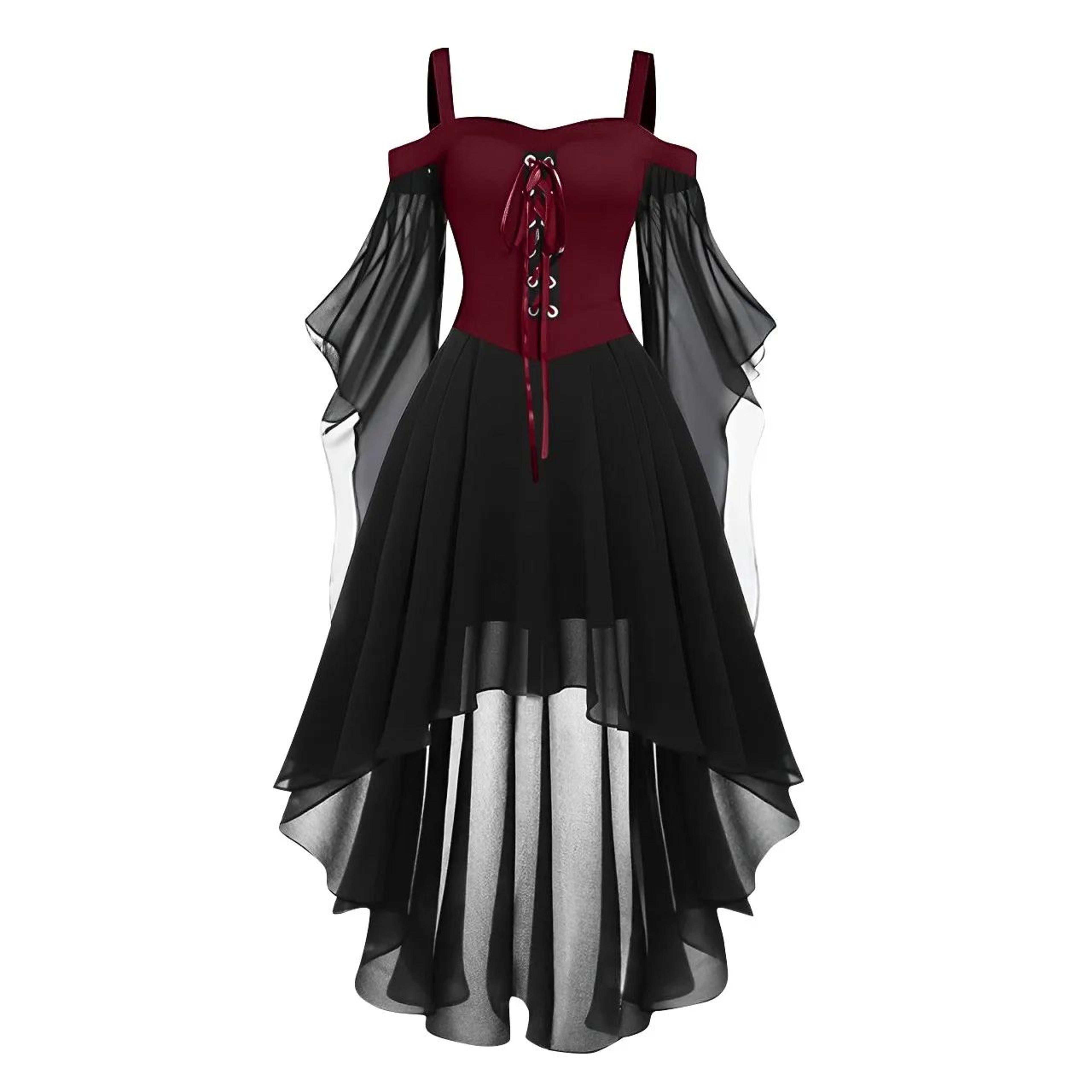 Womens Medieval Witch Dress  Plus Size Gothic Halloween Costume With Cold Shoulder Butterfly Sleeve 13