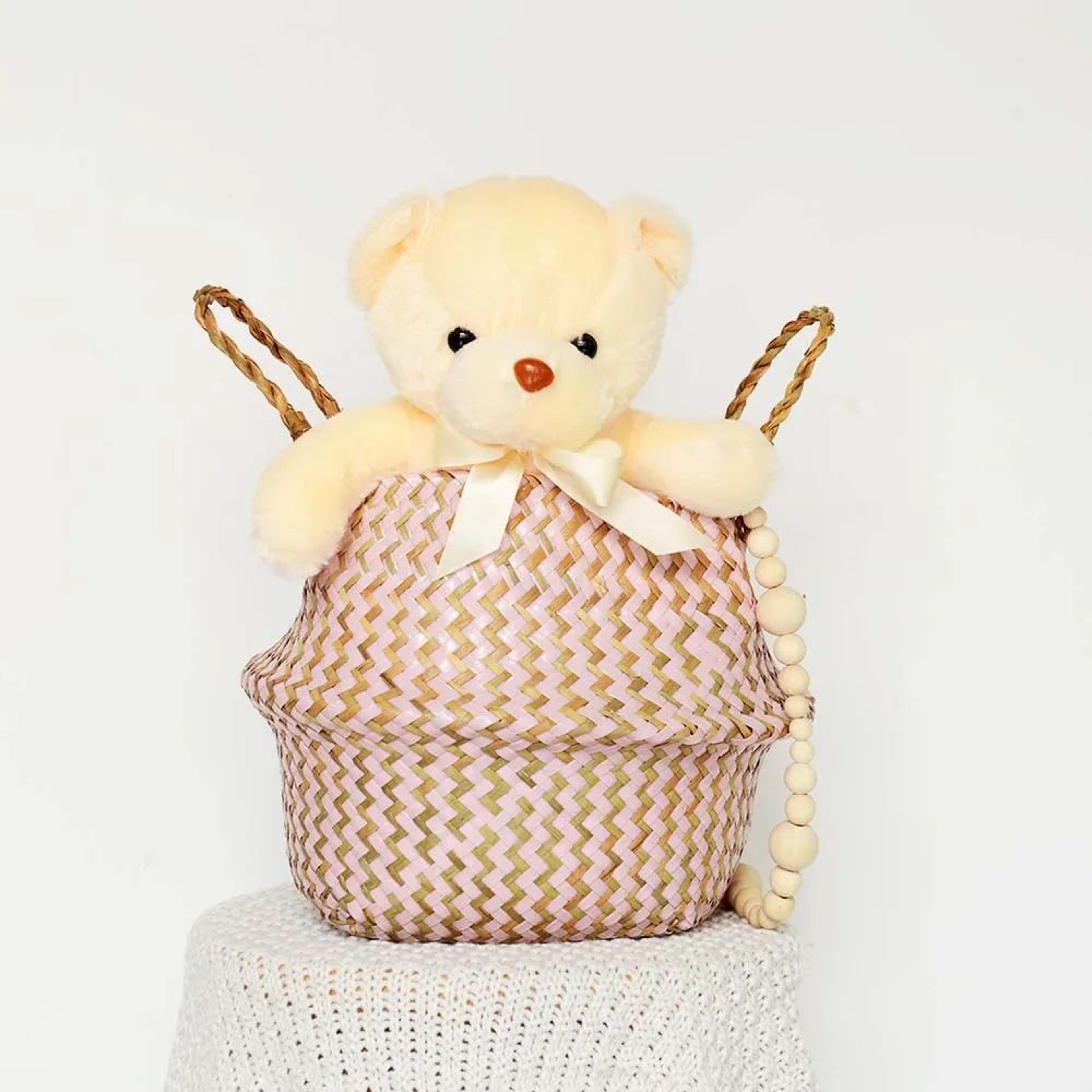Boho Wicker Storage Basket  Handmade Collapsible Woven Laundry Hamper Striped Flower Pot  Natural H 5