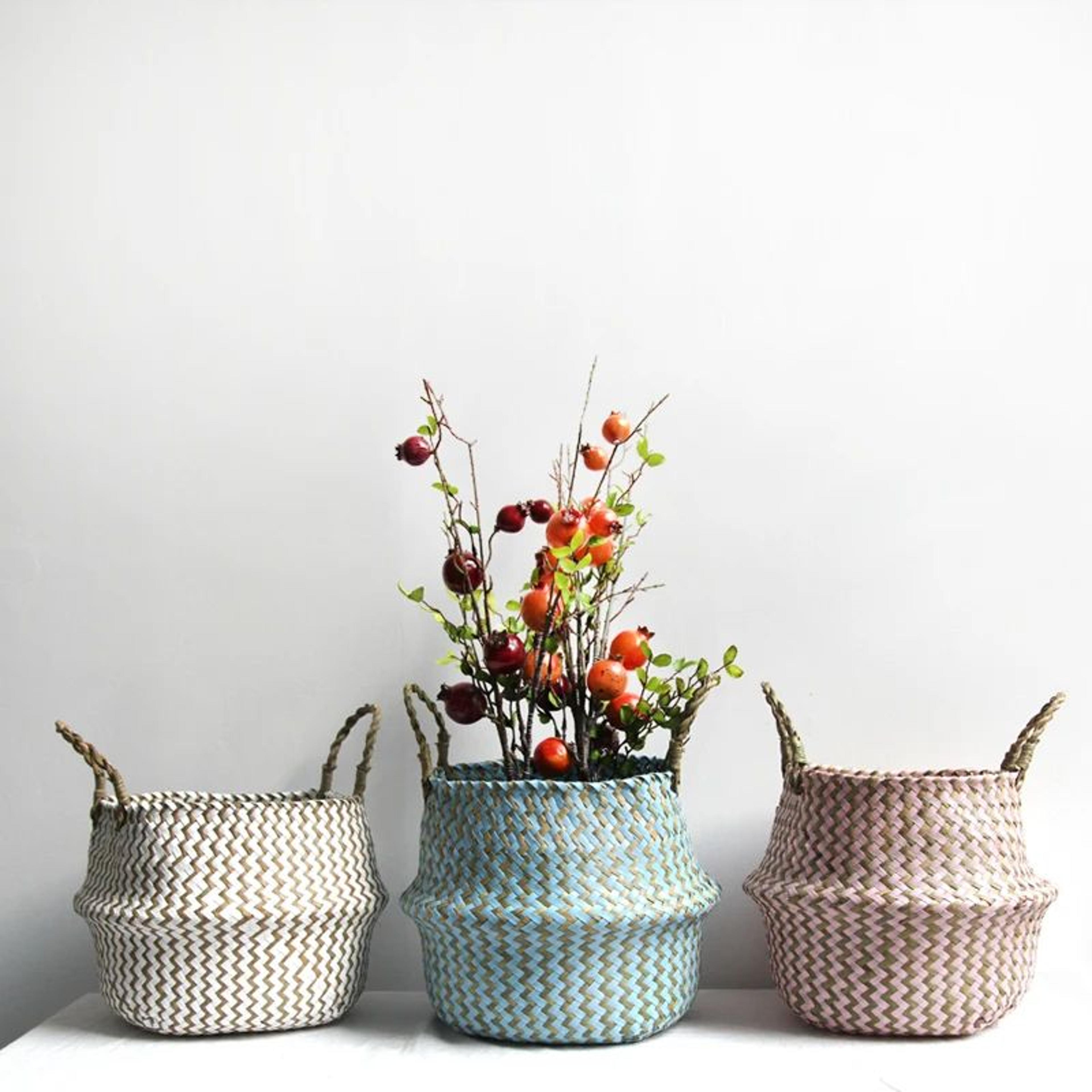 Boho Wicker Storage Basket  Handmade Collapsible Woven Laundry Hamper Striped Flower Pot  Natural H 2