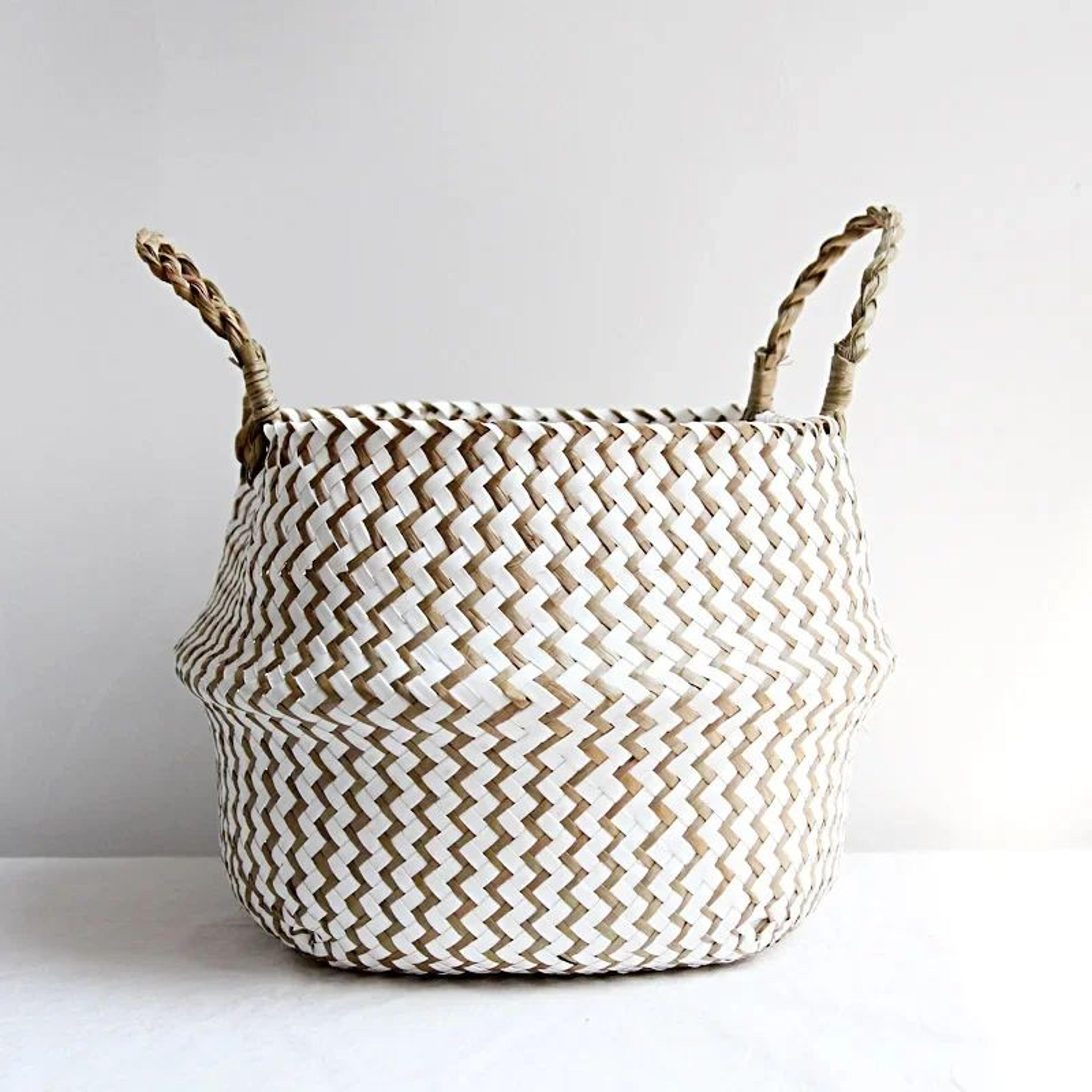 Boho Wicker Storage Basket  Handmade Collapsible Woven Laundry Hamper Striped Flower Pot  Natural H 8