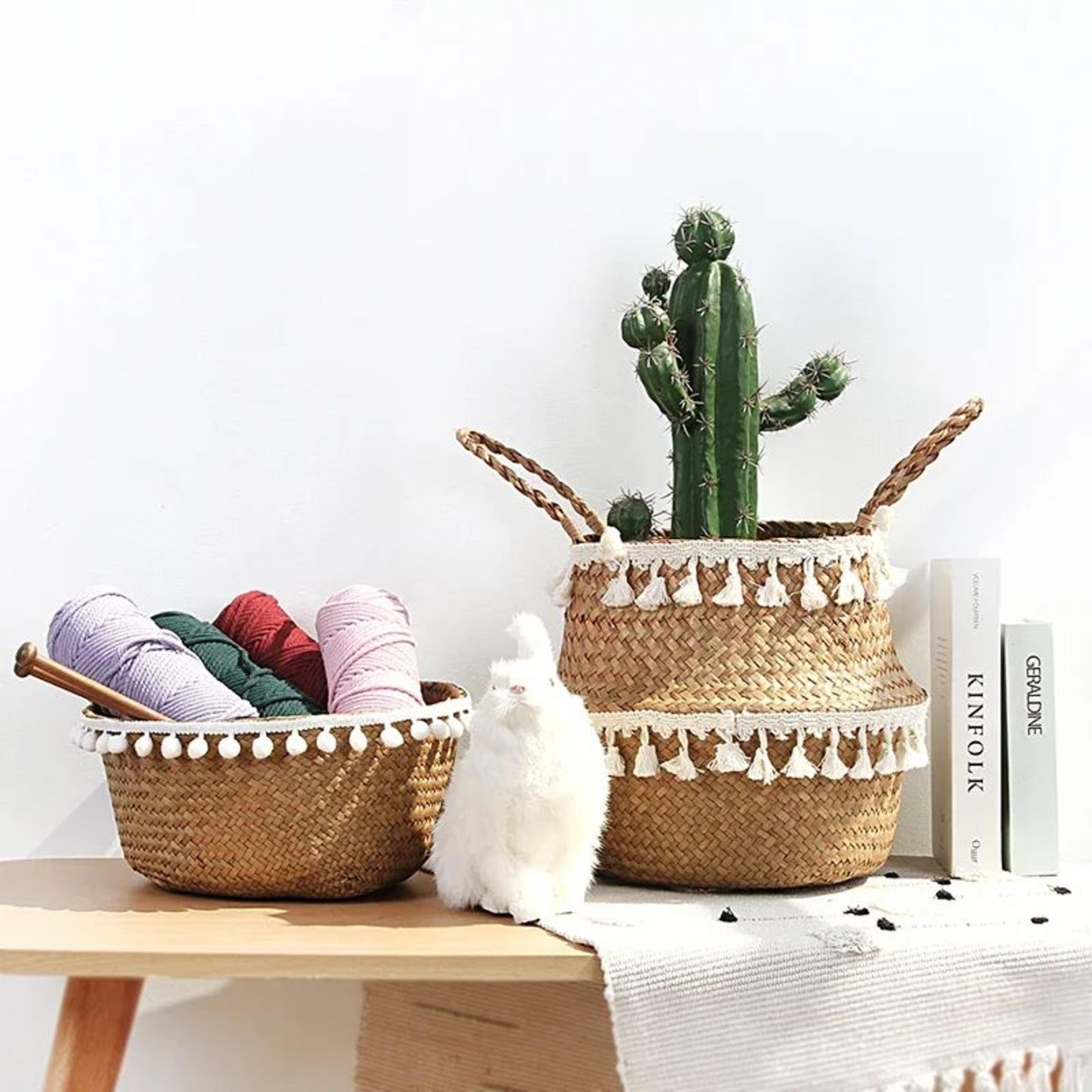 Handmade Wicker Storage Basket  Foldable Seagrass Rattan Belly Planter Woven Laundry  Flower Pot Ba 2