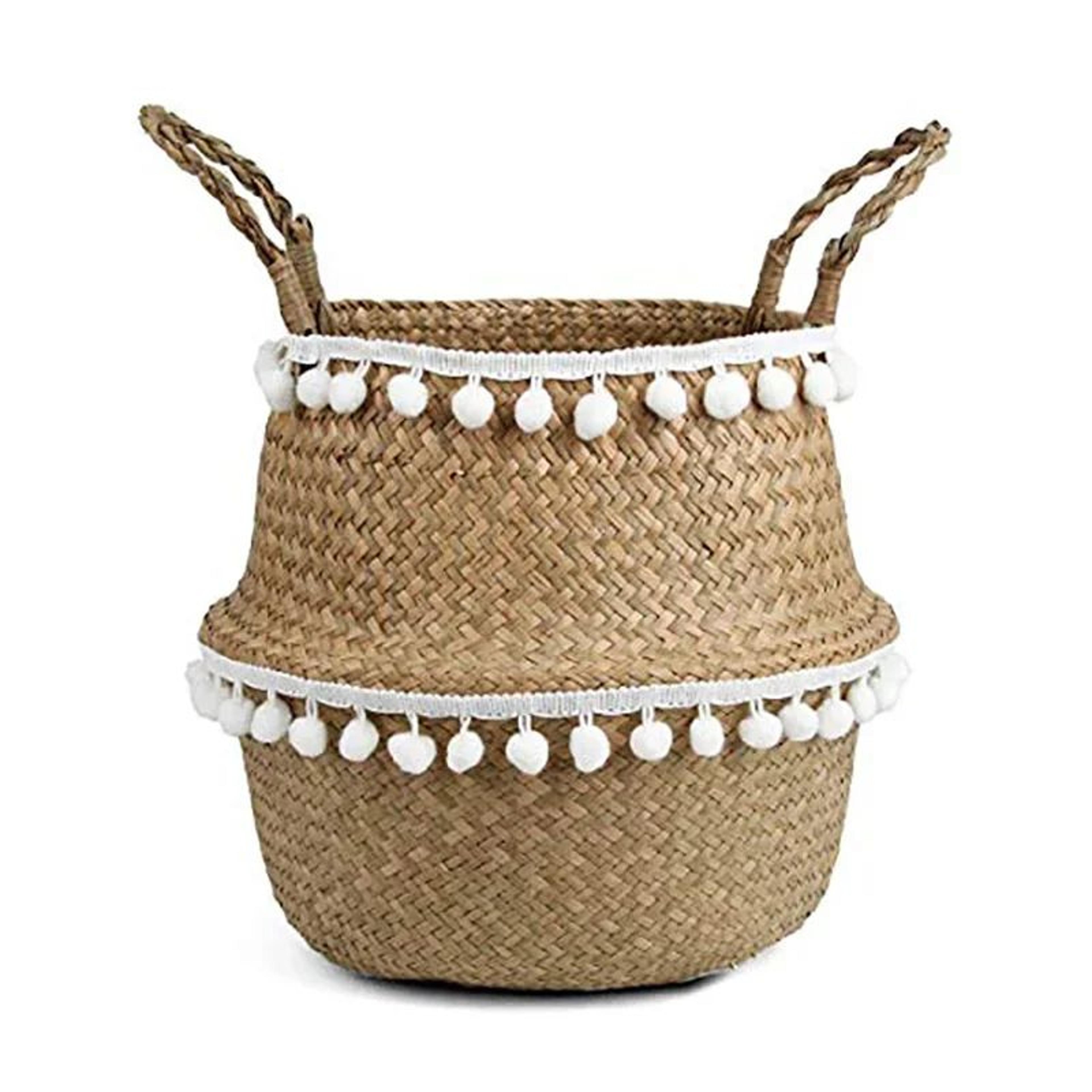 Handmade Wicker Storage Basket  Foldable Seagrass Rattan Belly Planter Woven Laundry  Flower Pot Ba 4