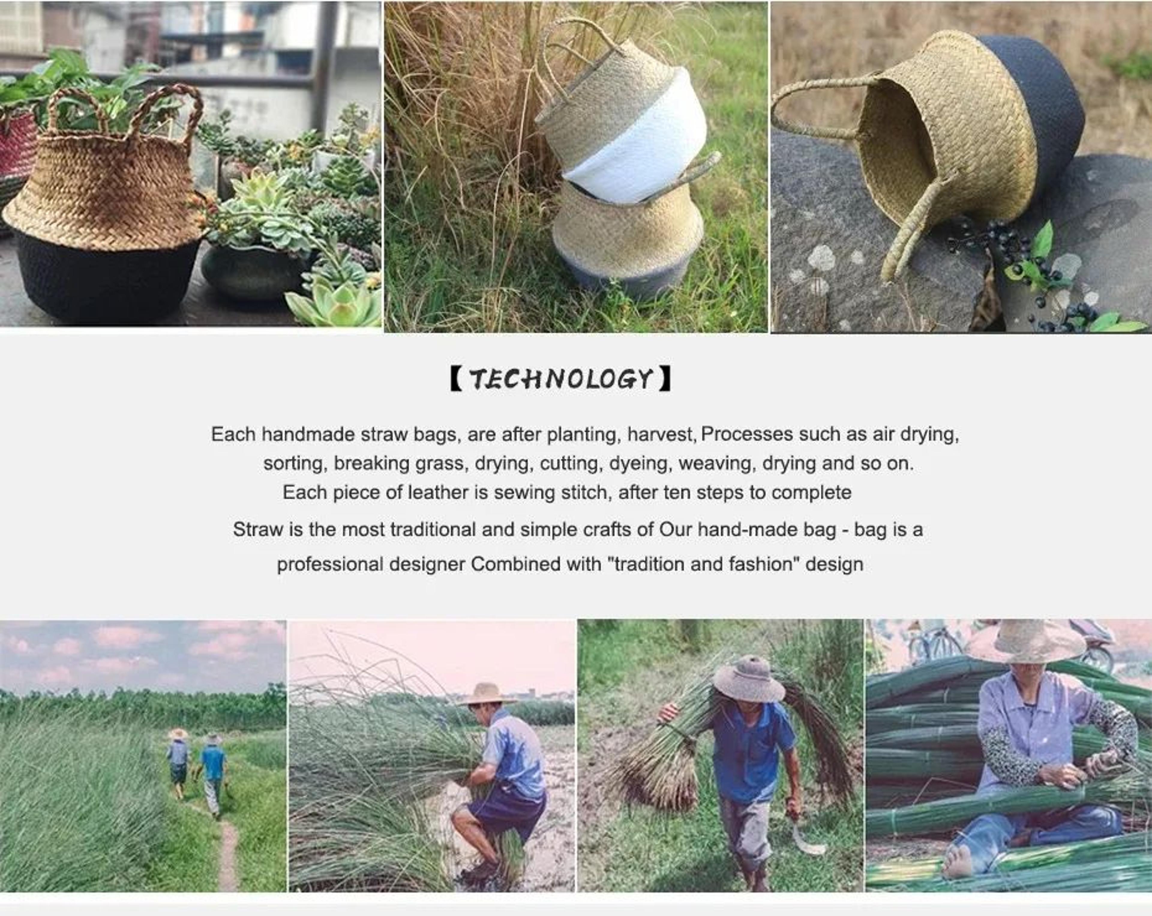 Handmade Wicker Storage Basket  Foldable Seagrass Rattan Belly Planter Woven Laundry  Flower Pot Ba 5