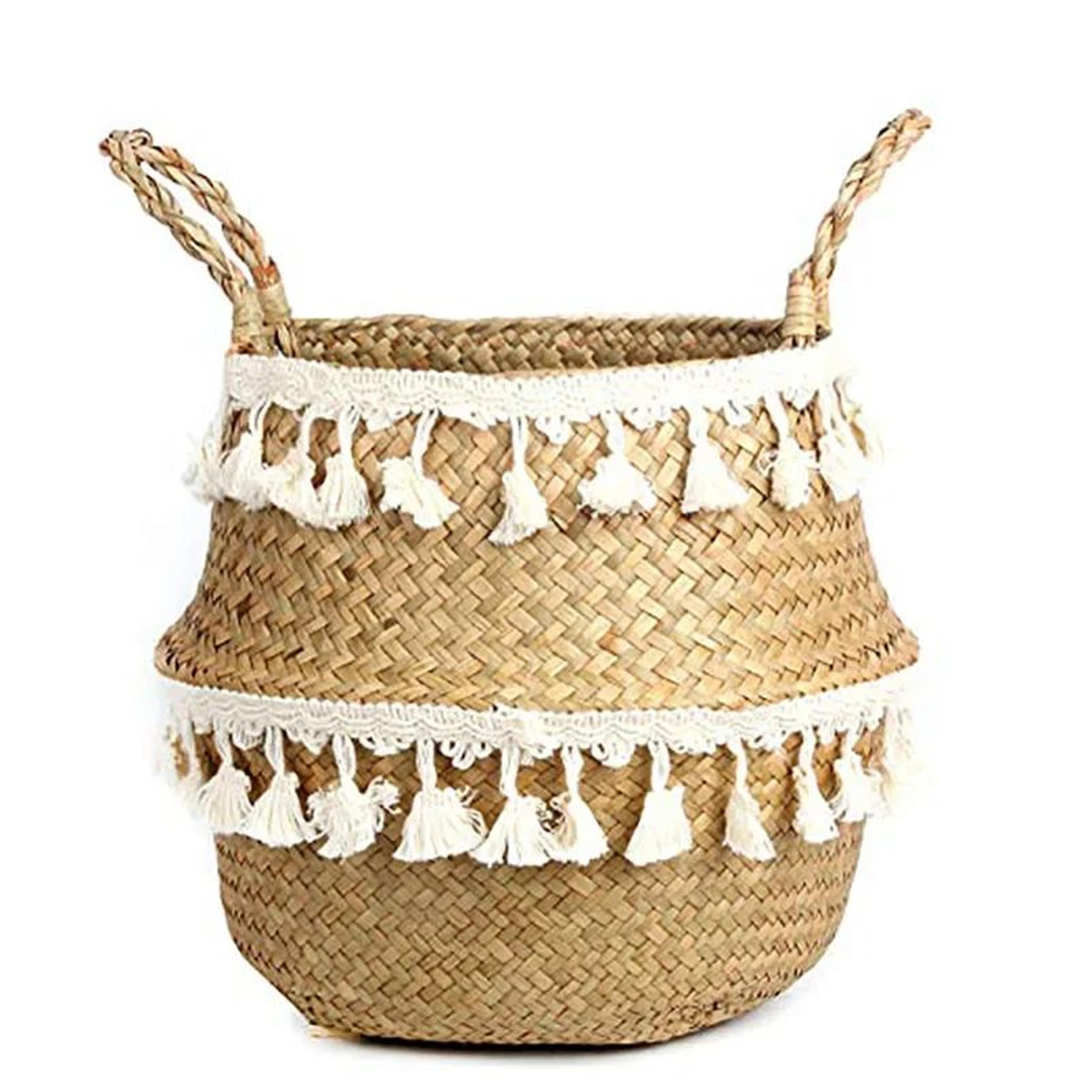 Handmade Wicker Storage Basket  Foldable Seagrass Rattan Belly Planter Woven Laundry  Flower Pot Ba 8