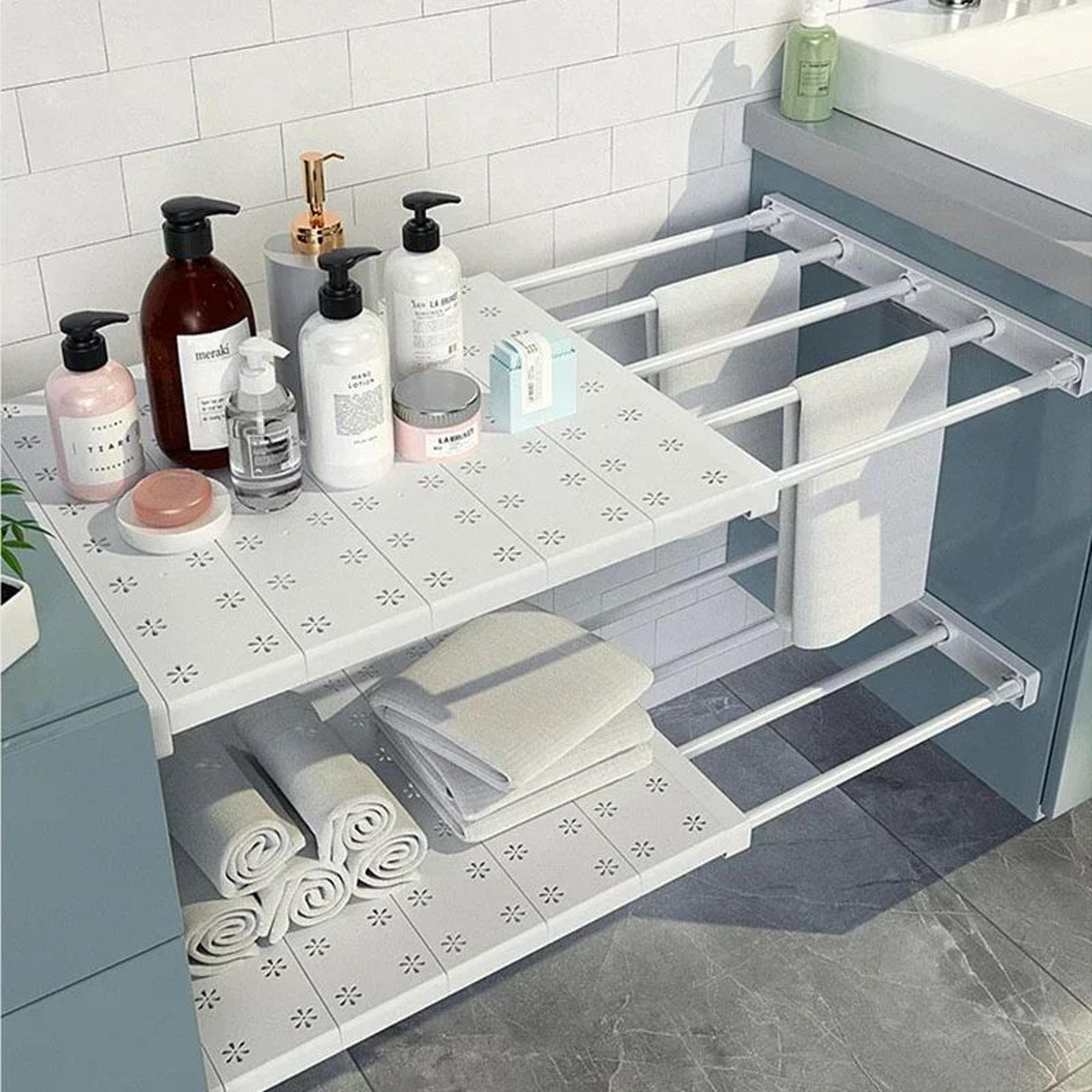 PunchFree Expandable Storage Divider  Retractable Plastic Tension Shelf For Wardrobe Kitchen Bathro 5
