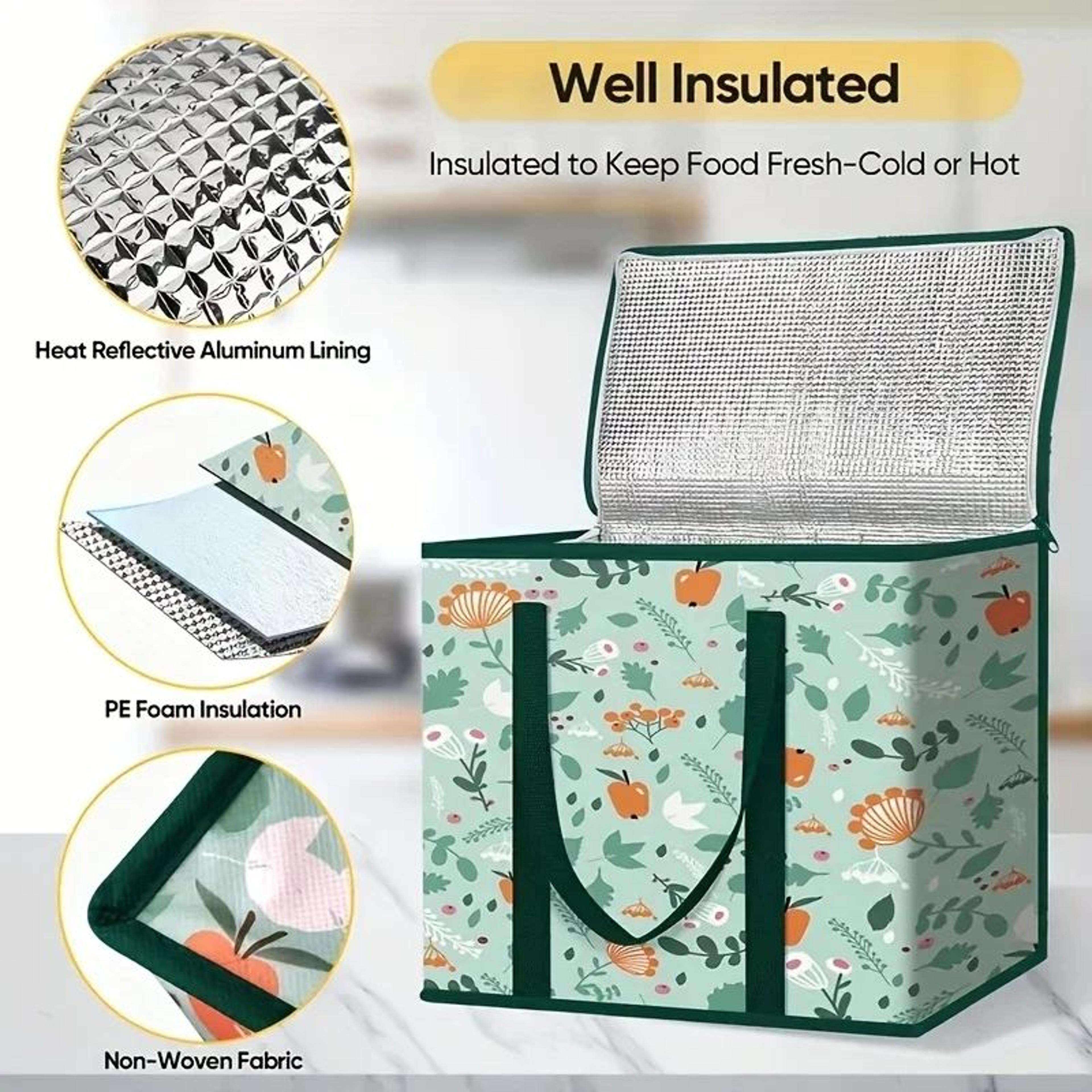 Large Insulated Grocery Bag  Reusable NonWoven Hot  Cold Food Carrier With Zipper Top Pockets  Spac 1