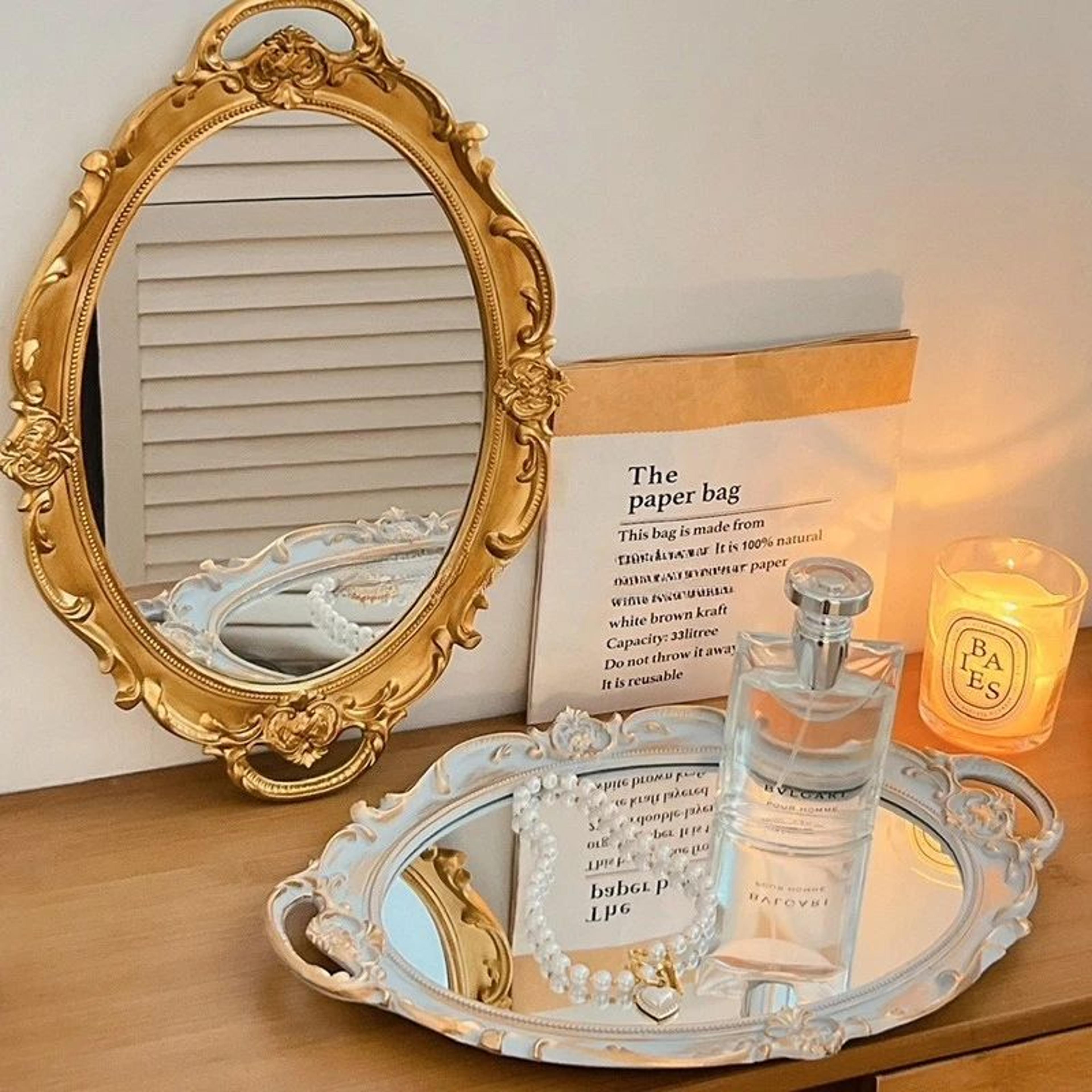 French Retro Desktop Makeup Mirror  Vintage Vanity Decor With Jewelry Storage Tray For Bedroom Dres 2