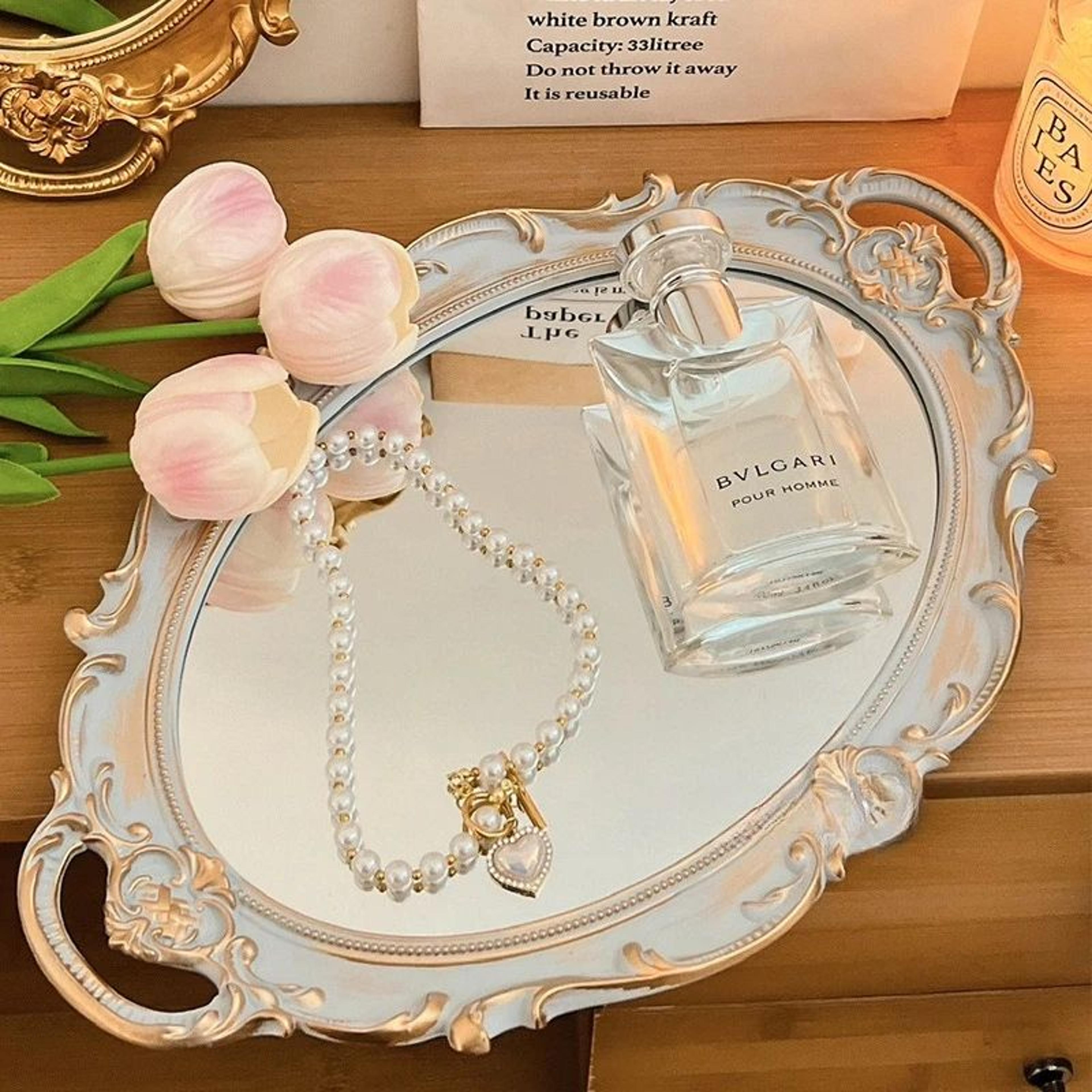 French Retro Desktop Makeup Mirror  Vintage Vanity Decor With Jewelry Storage Tray For Bedroom Dres 1