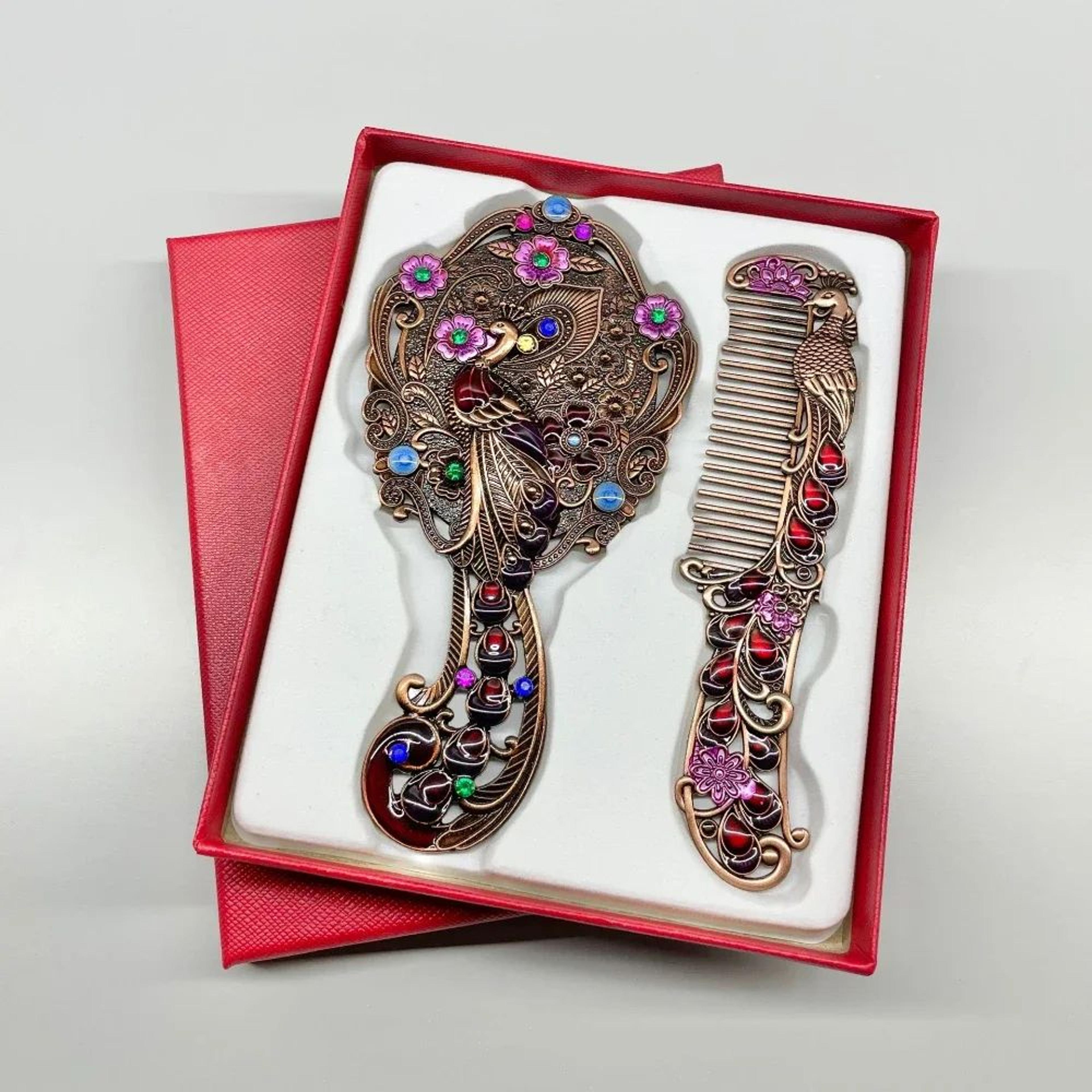 Retro Peacock Handheld Makeup Mirror  Portable Kirsite Vanity Mirror  Comb Set With Decorative Hand 1