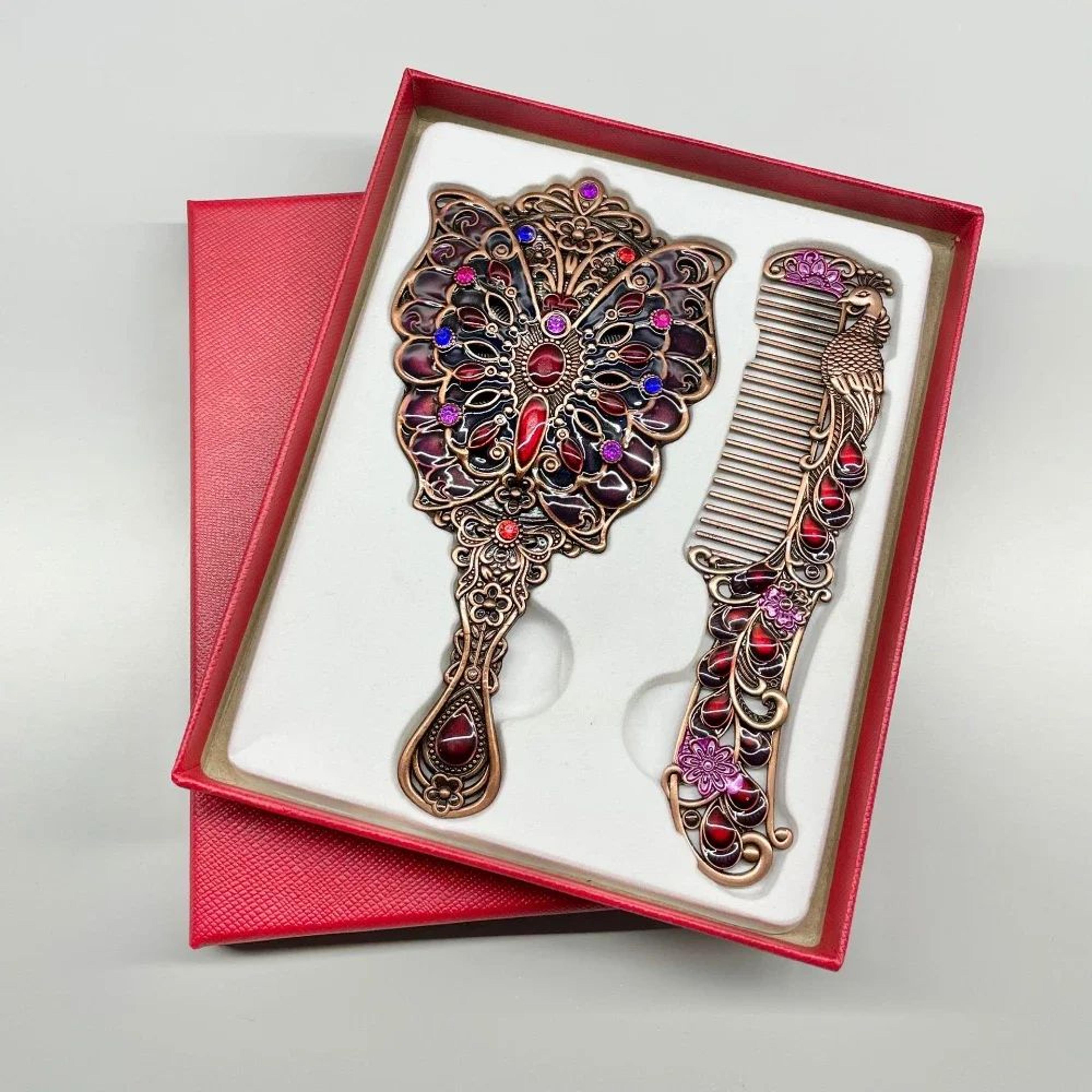 Retro Peacock Handheld Makeup Mirror  Portable Kirsite Vanity Mirror  Comb Set With Decorative Hand 4