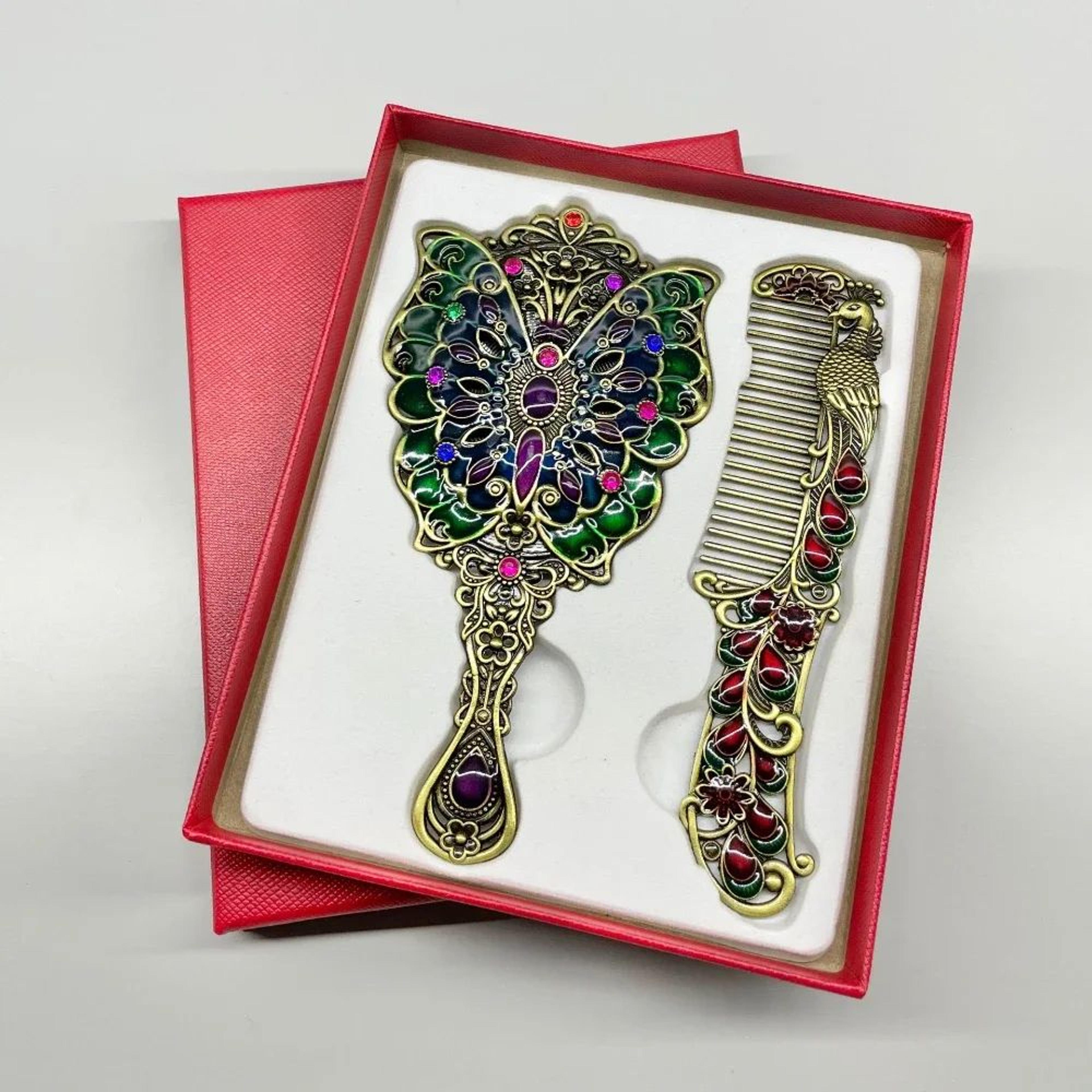 Retro Peacock Handheld Makeup Mirror  Portable Kirsite Vanity Mirror  Comb Set With Decorative Hand 5