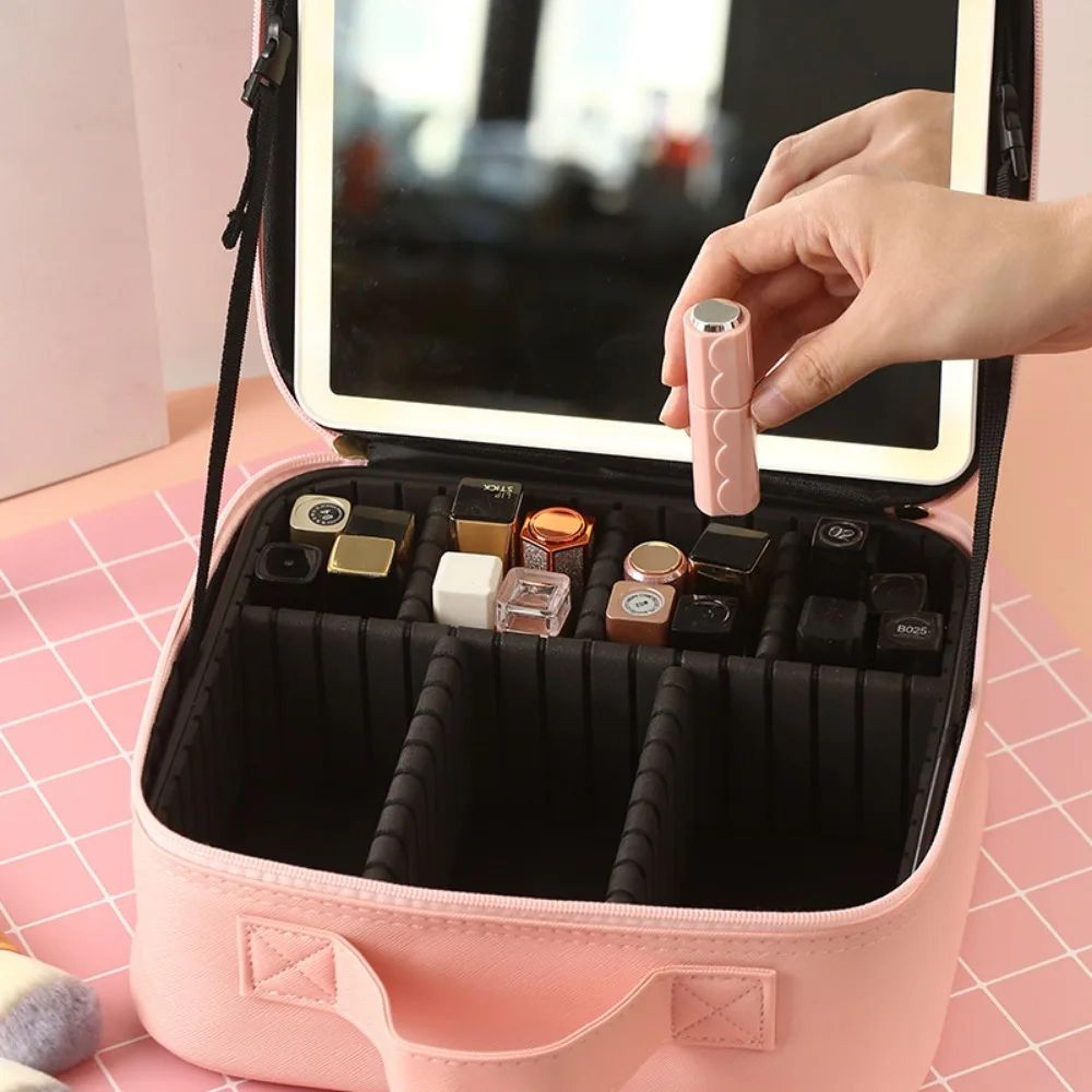 LED Makeup Bag With Mirror  Travel Cosmetic Organizer With 3 Light Modes Adjustable Dividers Brush  1
