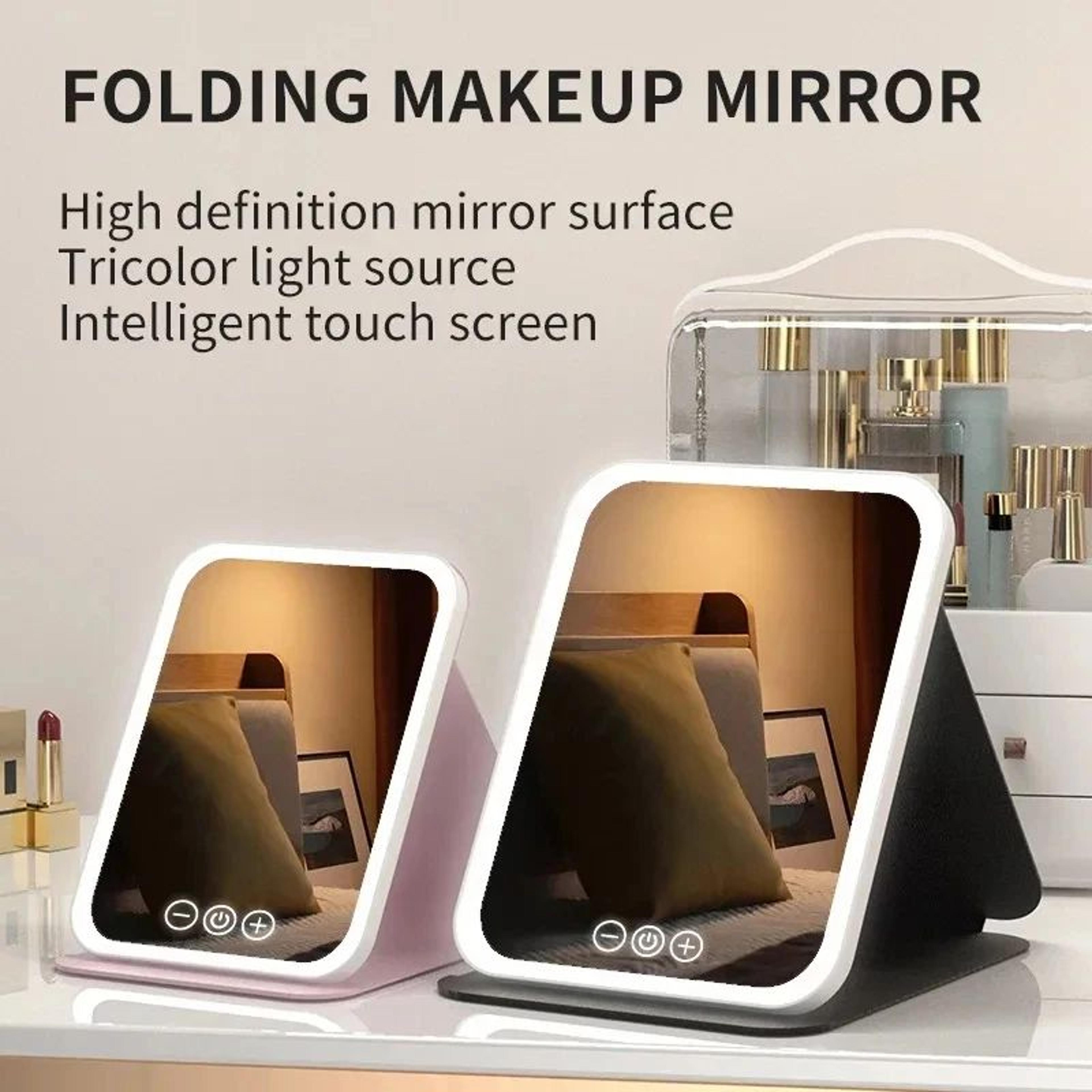 Rechargeable LED Makeup Mirror  3Color Dimmable Touch Screen Foldable Lighted Vanity Mirror For Tra