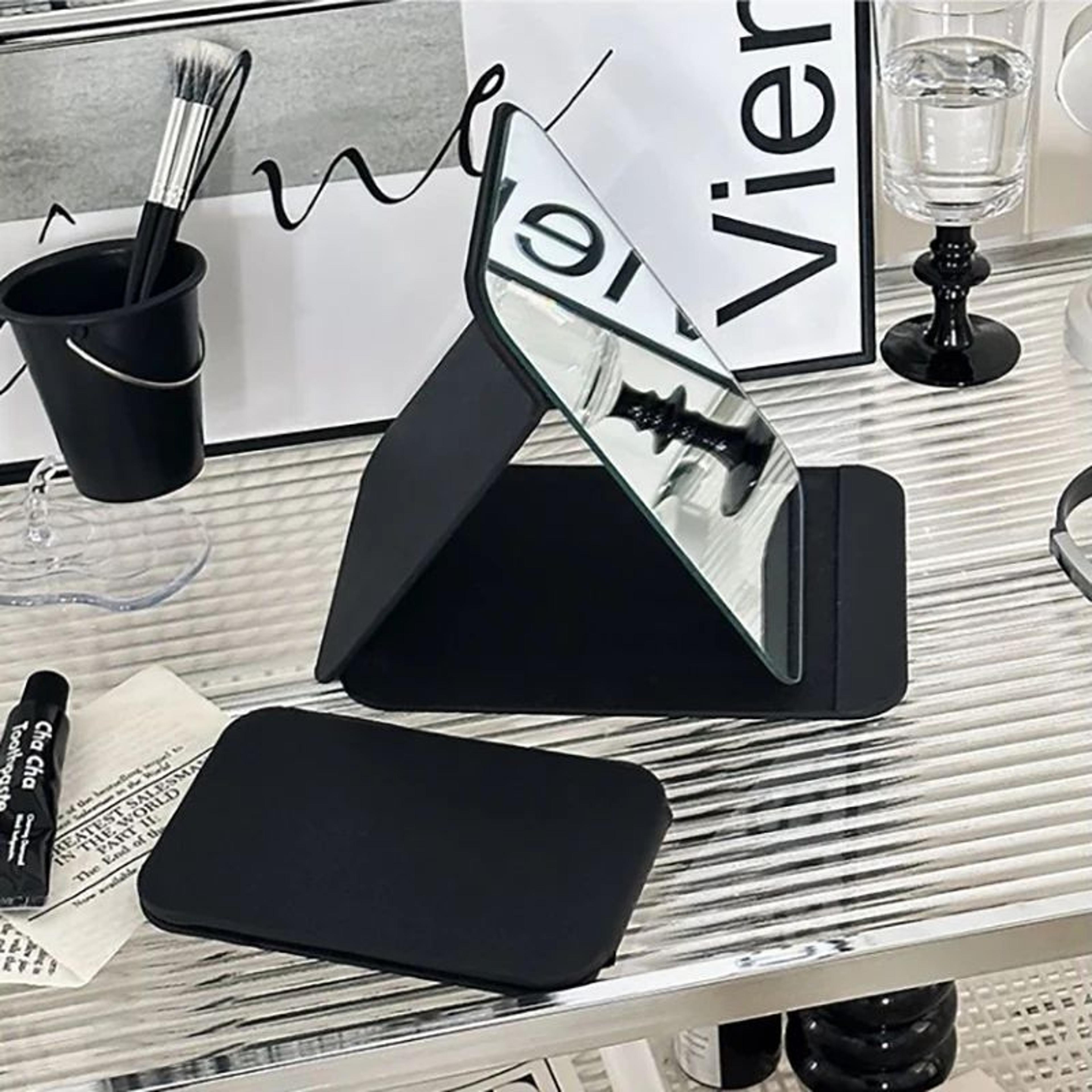 Portable PU Leather Folding Makeup Mirror  Compact Black Desktop Handheld Vanity Mirror For Travel  3