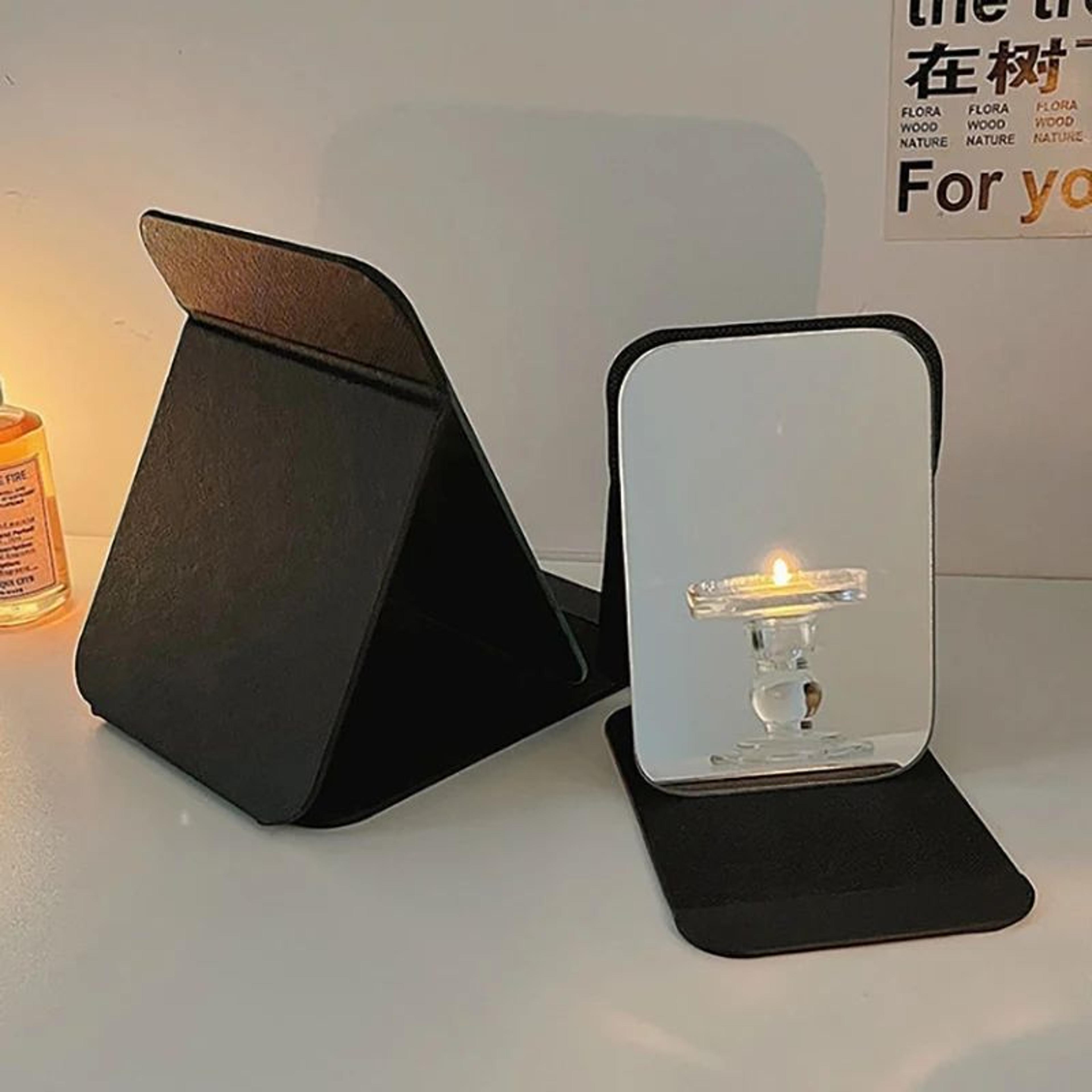 Portable PU Leather Folding Makeup Mirror  Compact Black Desktop Handheld Vanity Mirror For Travel  4