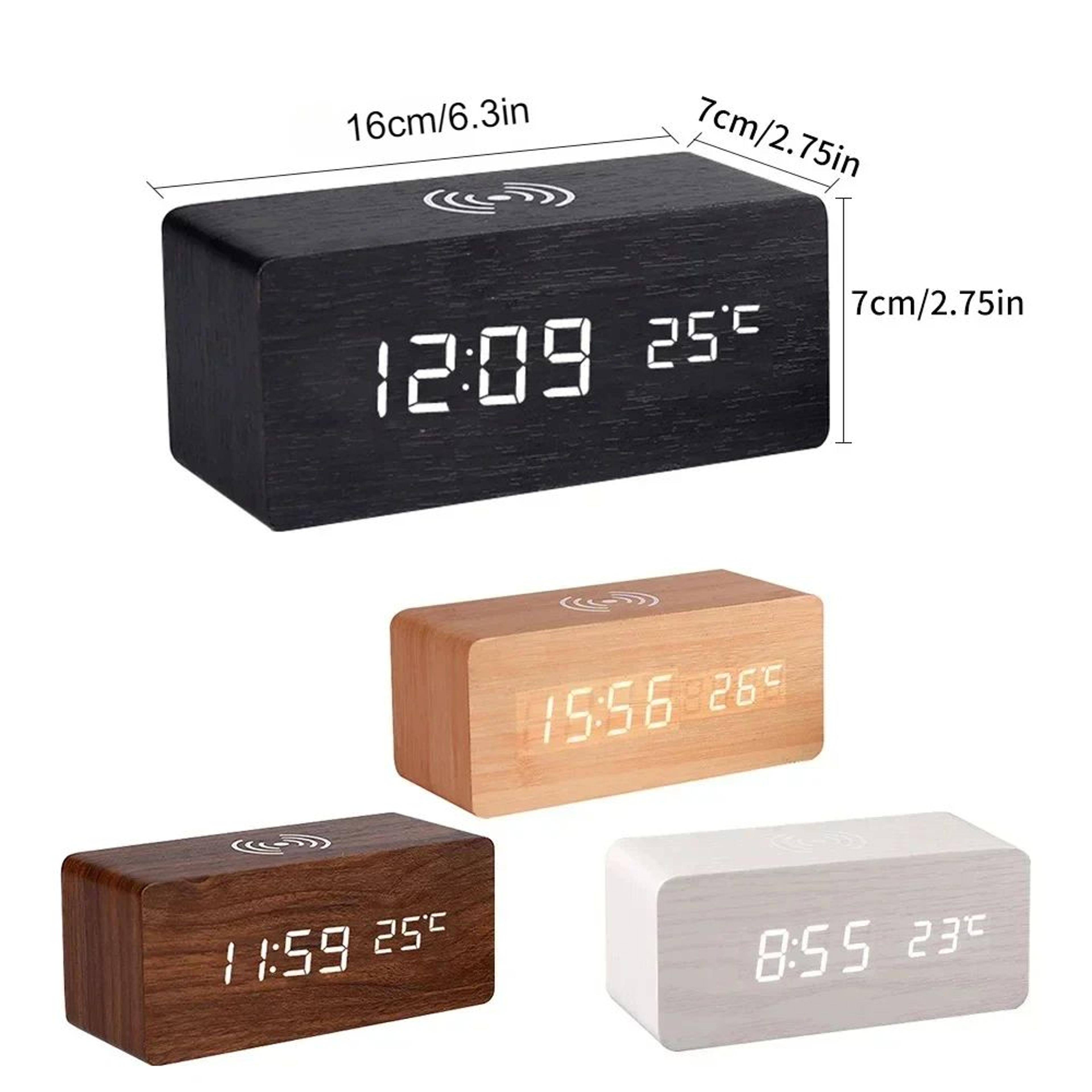 Wooden LED Alarm Clock  Qi Wireless Charging Digital Desk Clock With Thermometer 3 Alarms  Adjustab 5