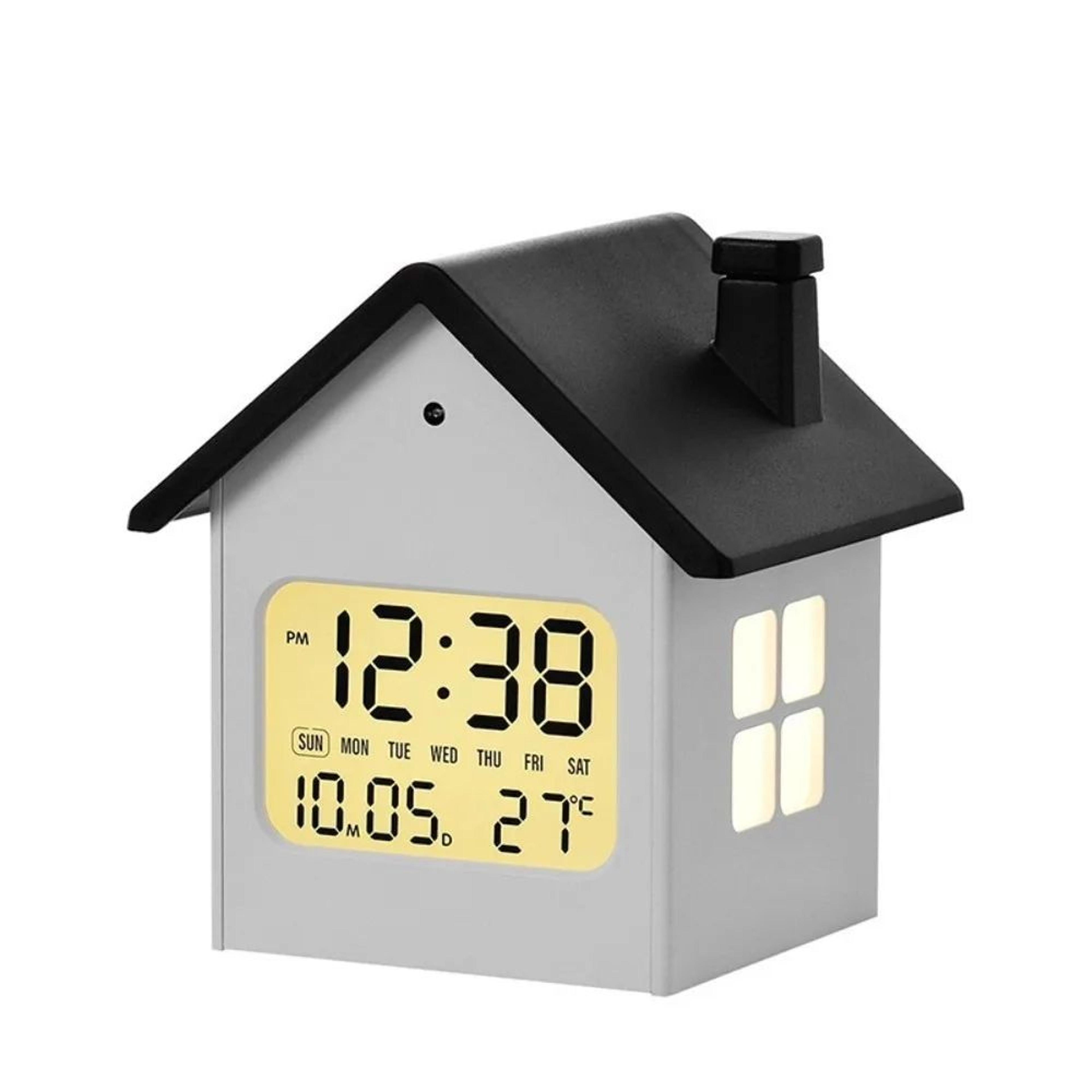 House Shape Digital Alarm Clock  LCD Time Date Week Temperature Display With Snooze Soft Backlight  6