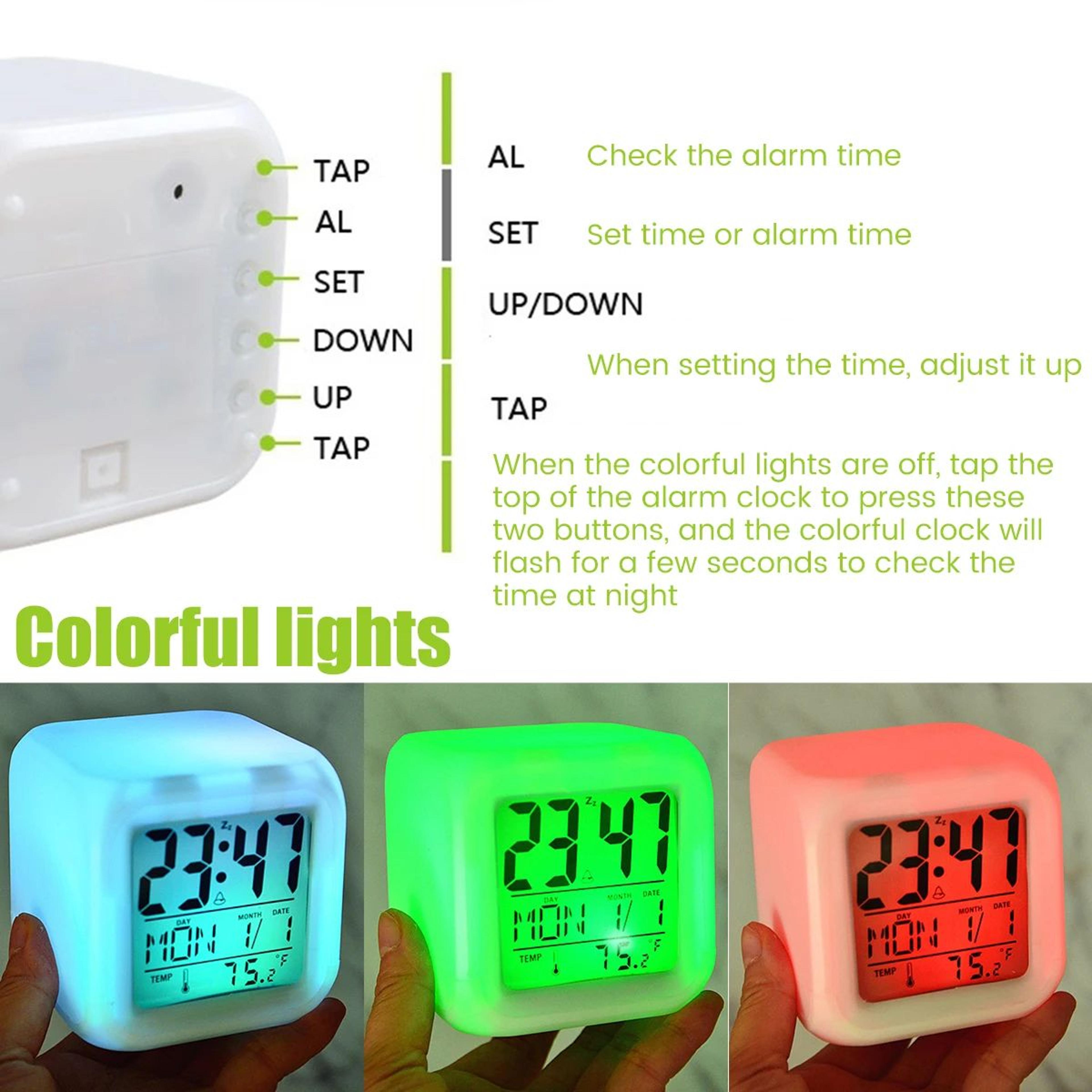 Colorful LED Digital Alarm Clock  1224H Bedside Night Light With Time Date Temperature Display For  3