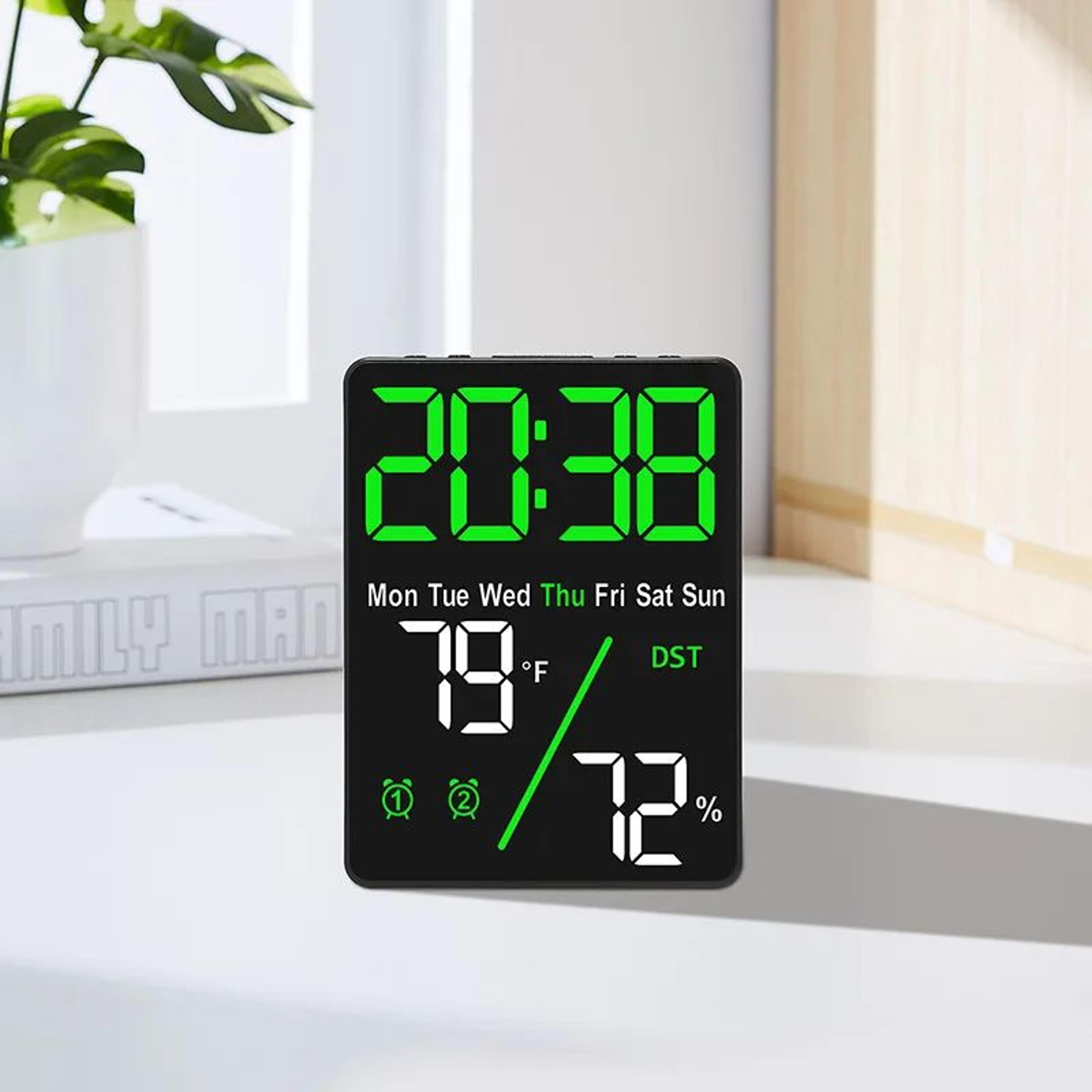 Digital LED Alarm Clock  Dimmable Wall  Table Clock With Temperature Humidity Display USB Charging  4