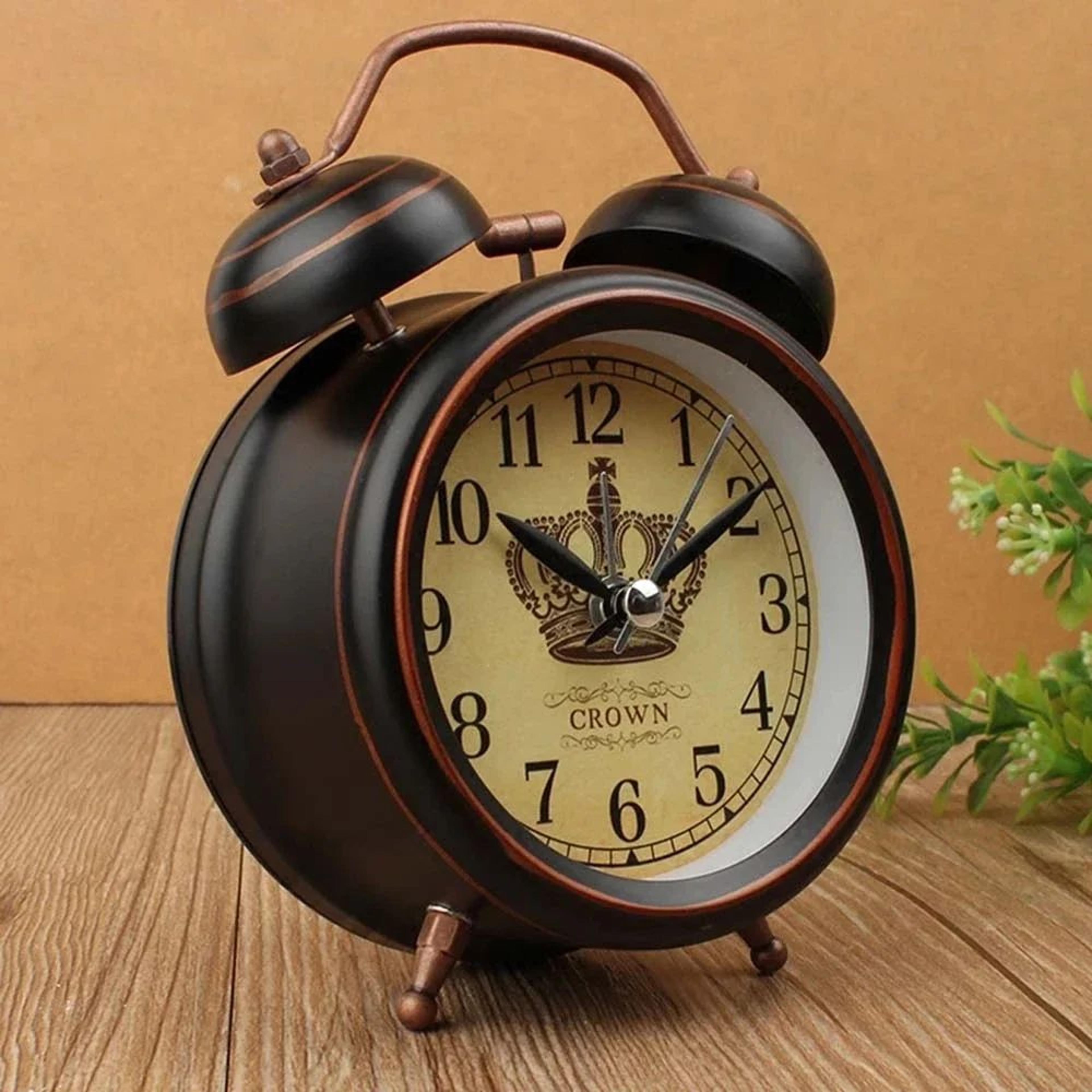 Vintage Metal Alarm Clock  European Retro Silent Bedside Table Clock With Night Light  Twin Bell Fo 4