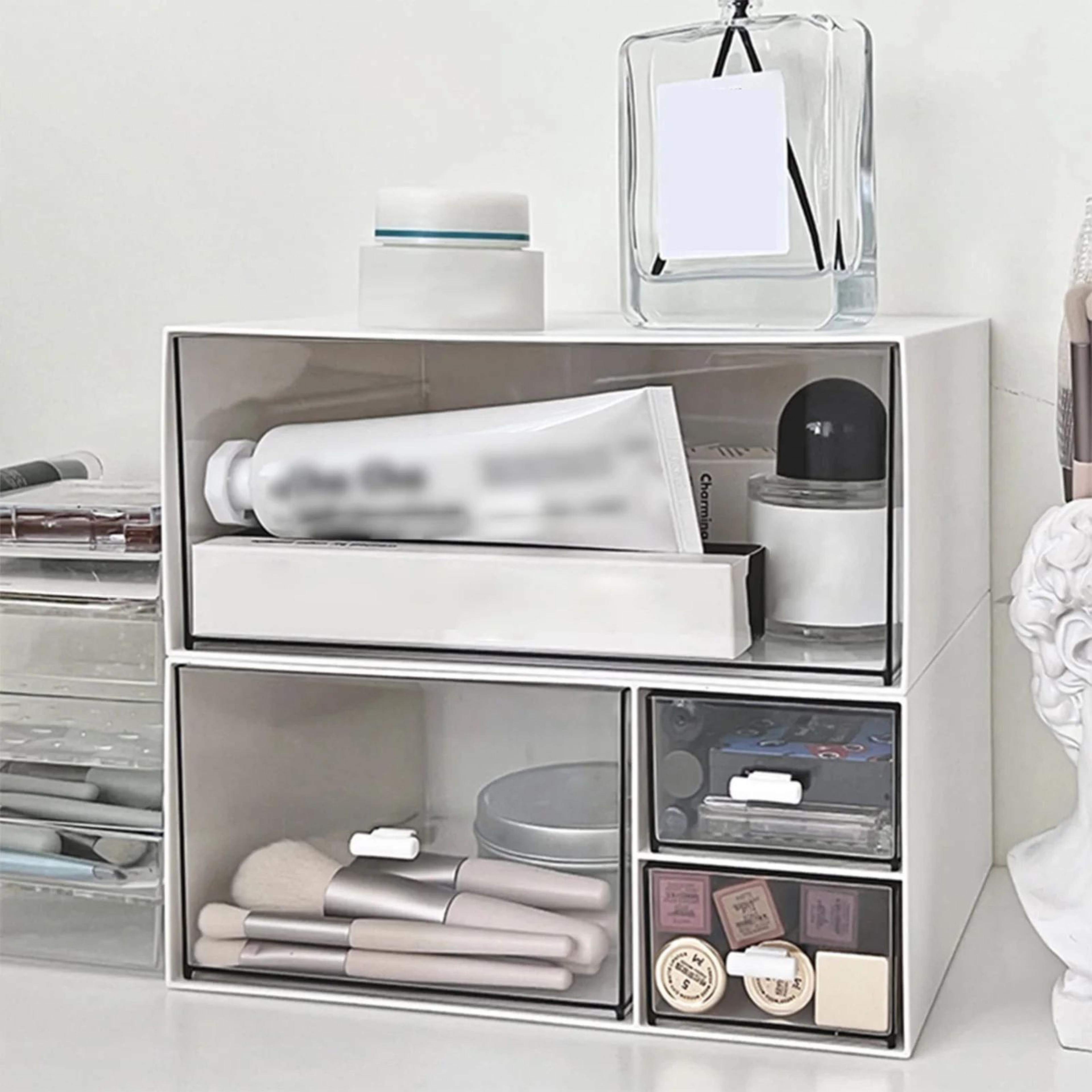 stackable clear drawer organizer boxes – see-through modular desktop storage bins for crafts makeup jewelry & nails