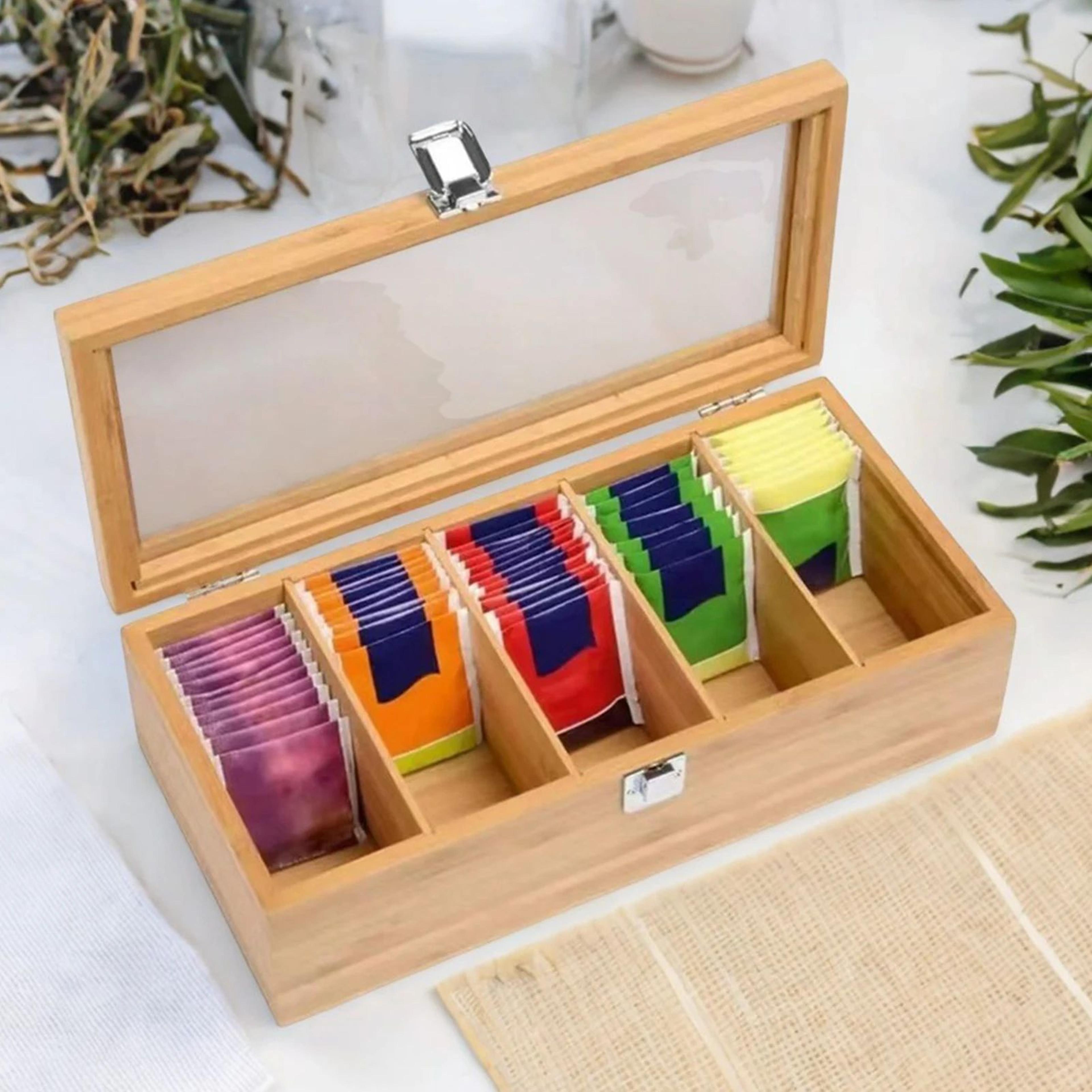 wood tea bag organizer – clear lid storage box for coffee sweetener condiment packets kitchen pantry countertop