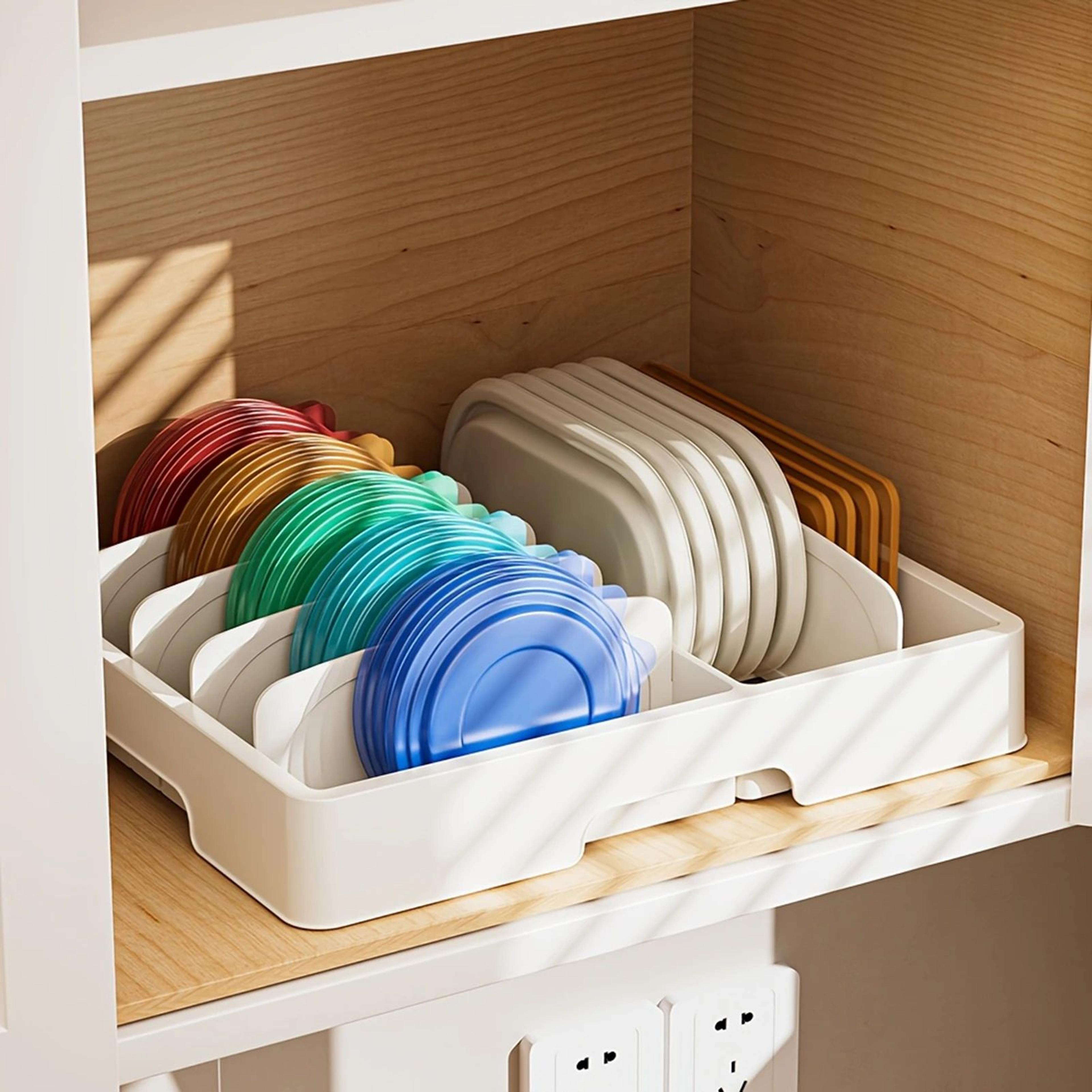 adjustable food container lid organizer – plastic storage holder for orderly kitchen cabinets, drawers and countertops