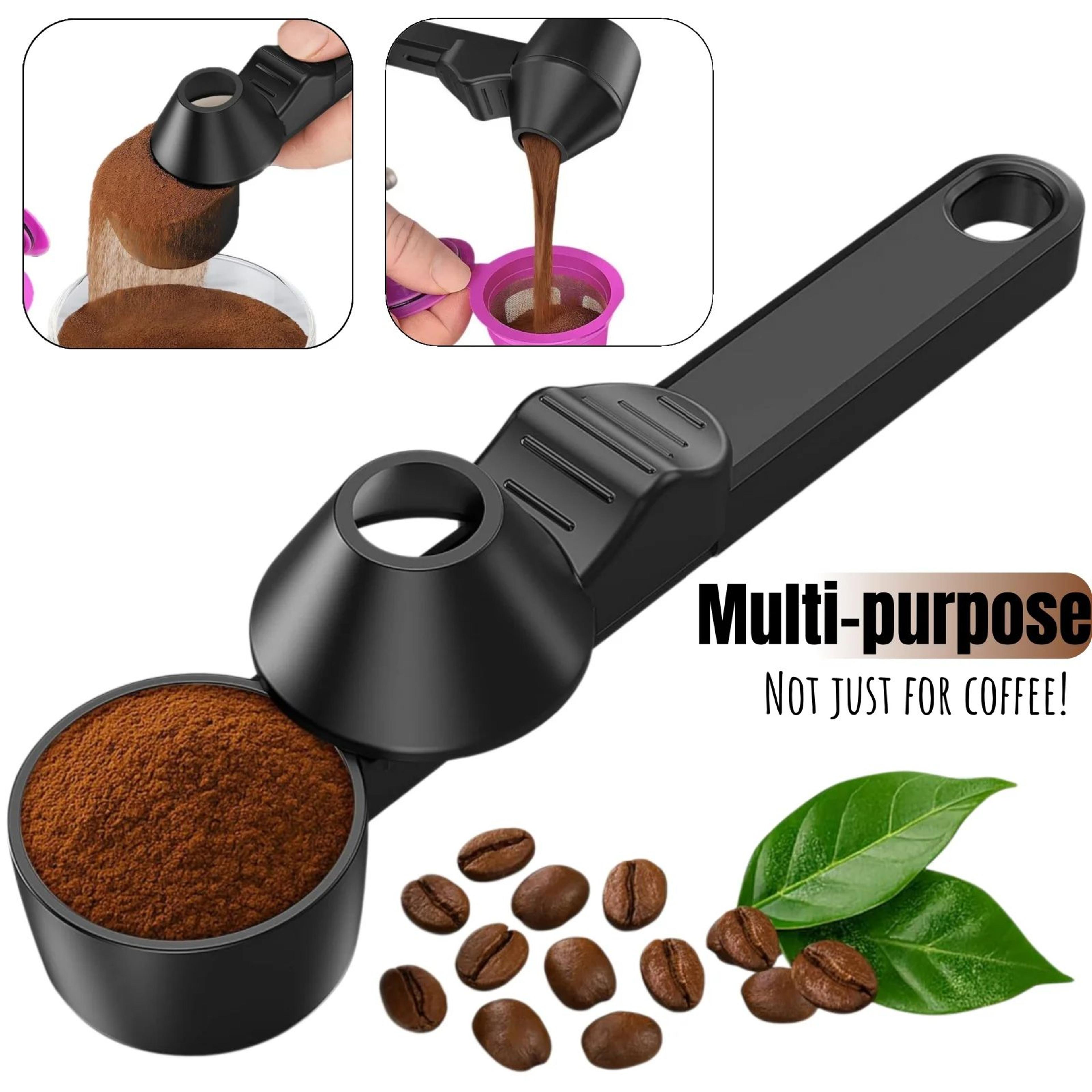 coffee scoop & funnel – measuring spoon with sliding holder for refillable coffee pods & easy protein powder transfers