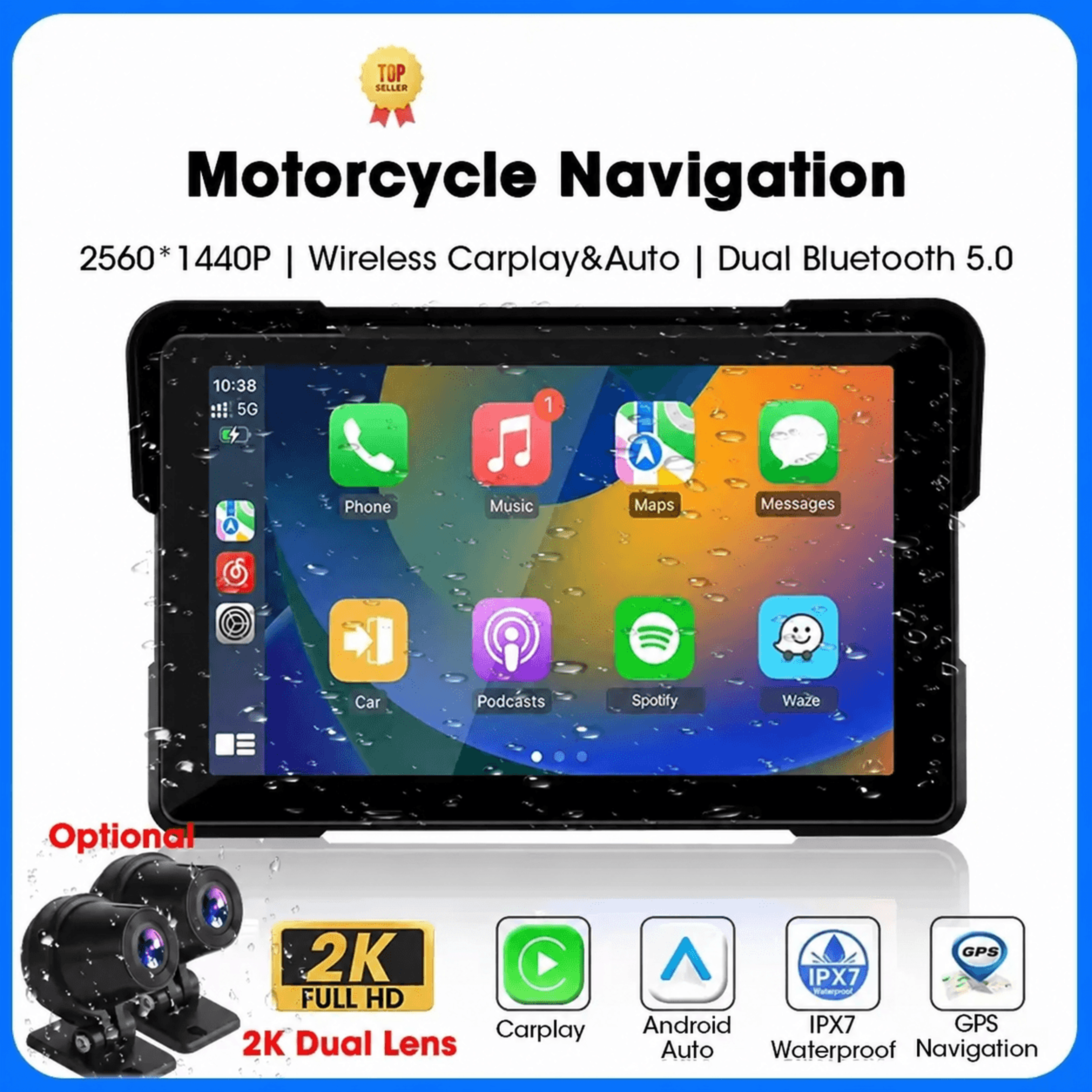 motorcycle carplay monitor – 5/7in touchscreen with wireless android auto, dual bluetooth and ip67 for phone navigation