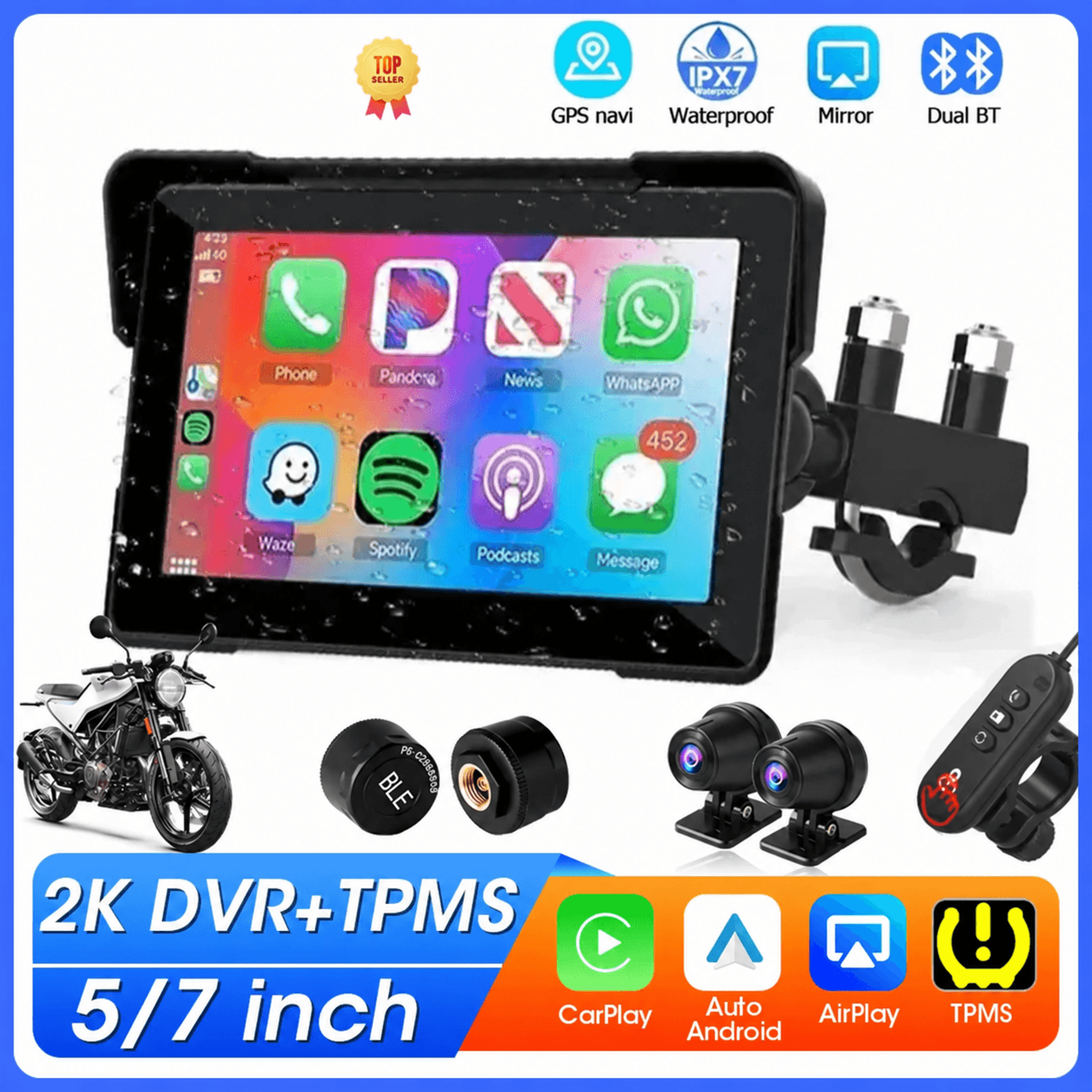 motorcycle carplay monitor – 5/7 in ips touchscreen with wireless android auto and dual bluetooth for phone navigation