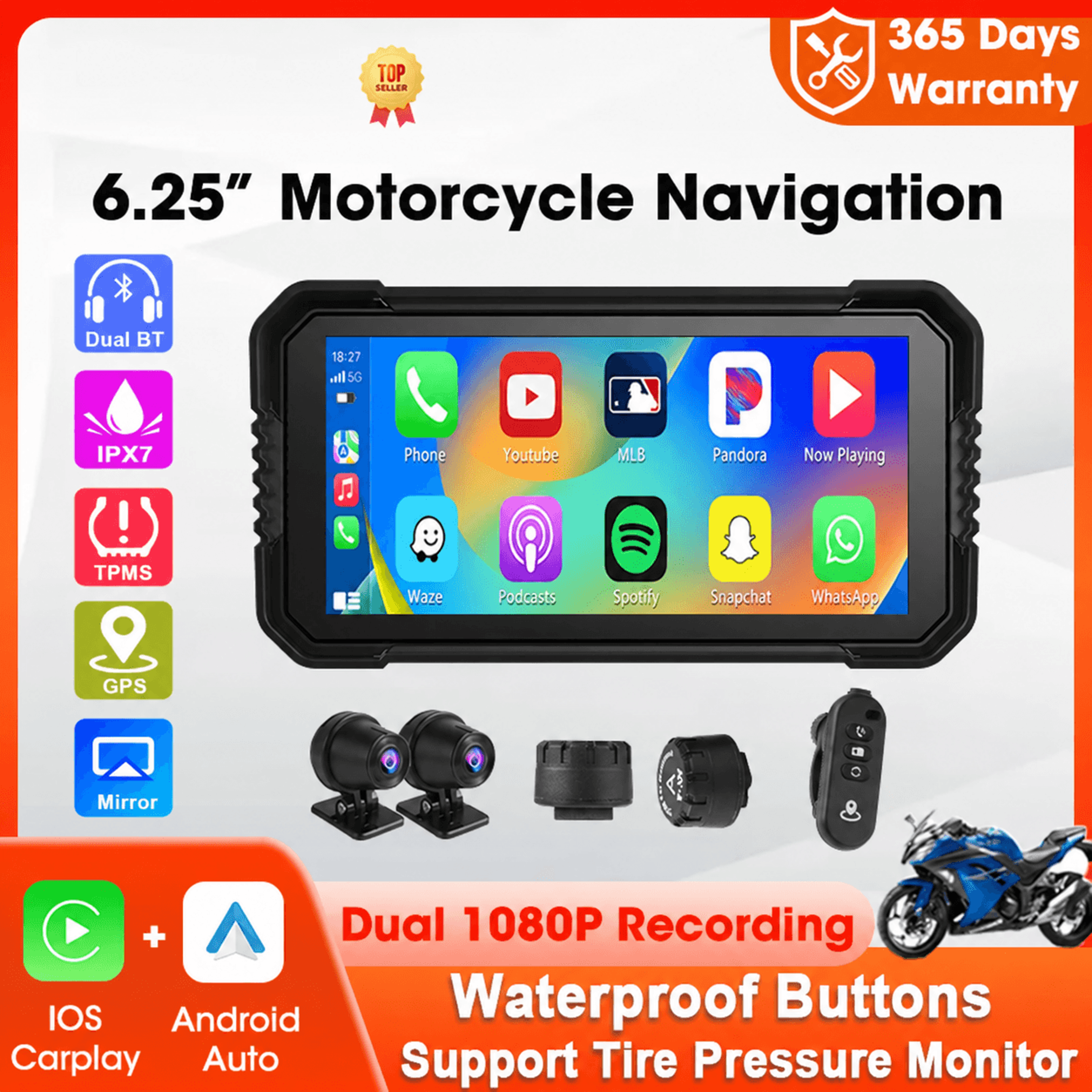 motorcycle carplay monitor – 6.25 in ipx7 screen with wireless android auto, dvr support & bluetooth audio for touring