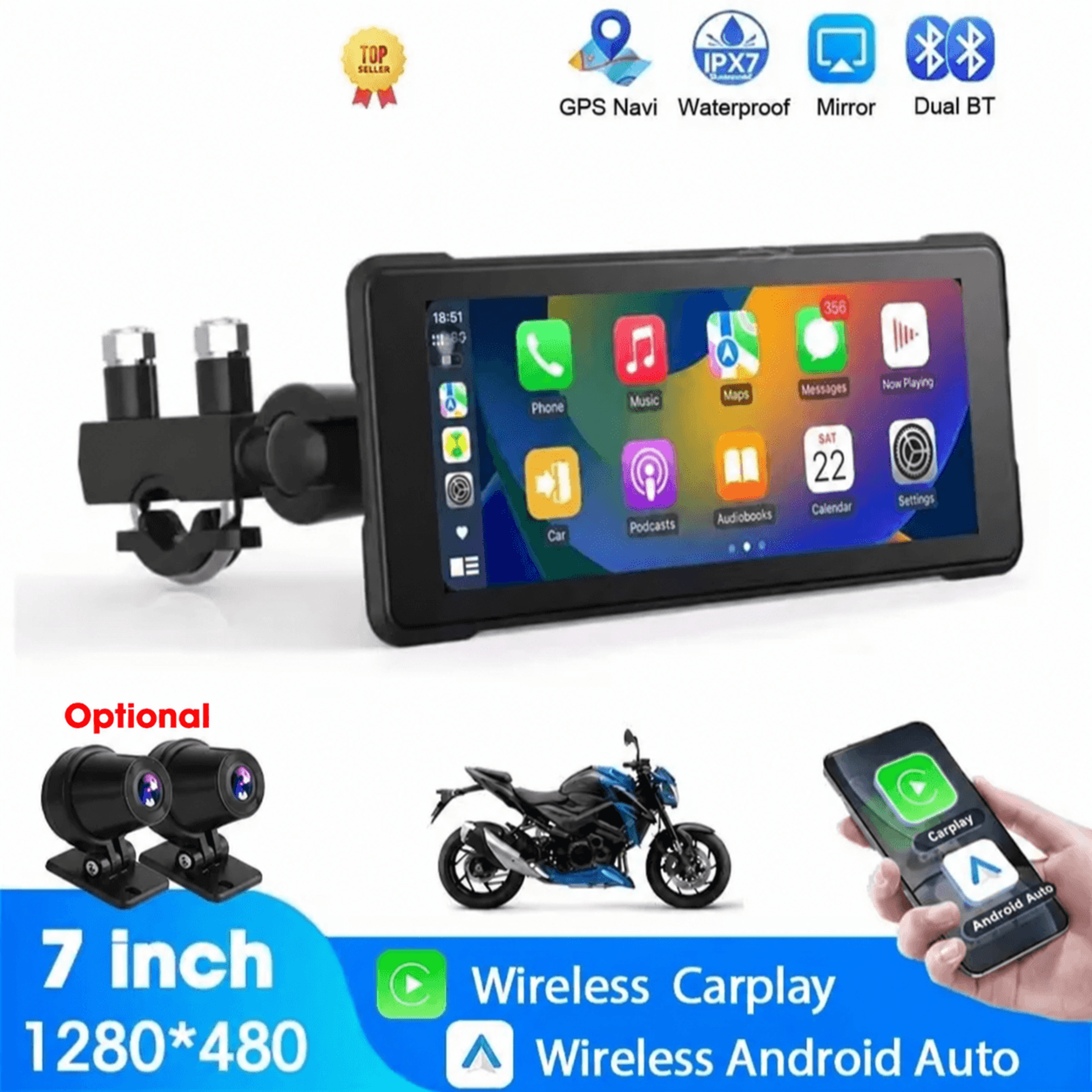 motorcycle carplay monitor – 5/7 in wireless android auto display with dual bluetooth & detachable unit for navigation