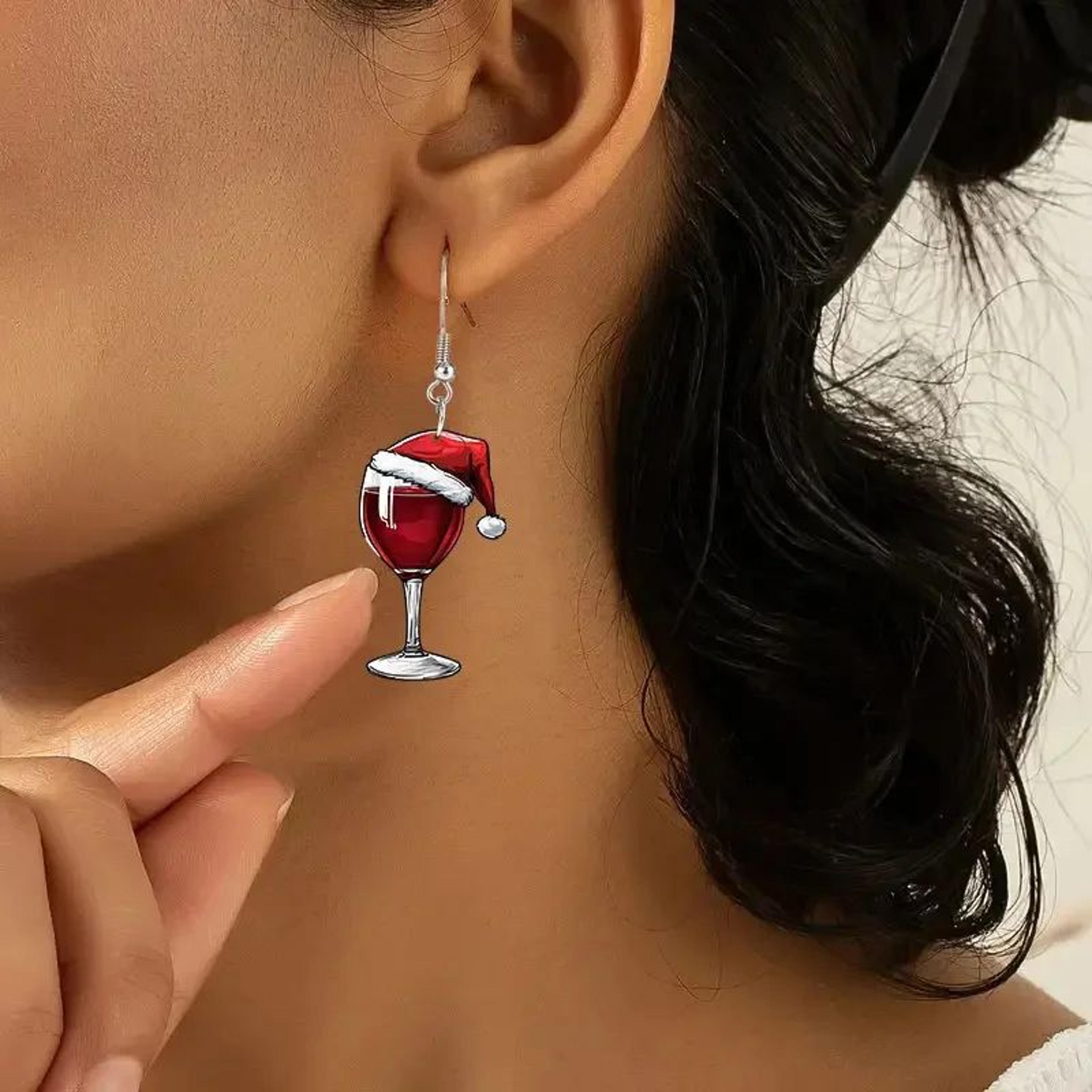 christmas wine glass earrings – playful acrylic holiday jewelry for carnival parties, festive outfits & gift for women