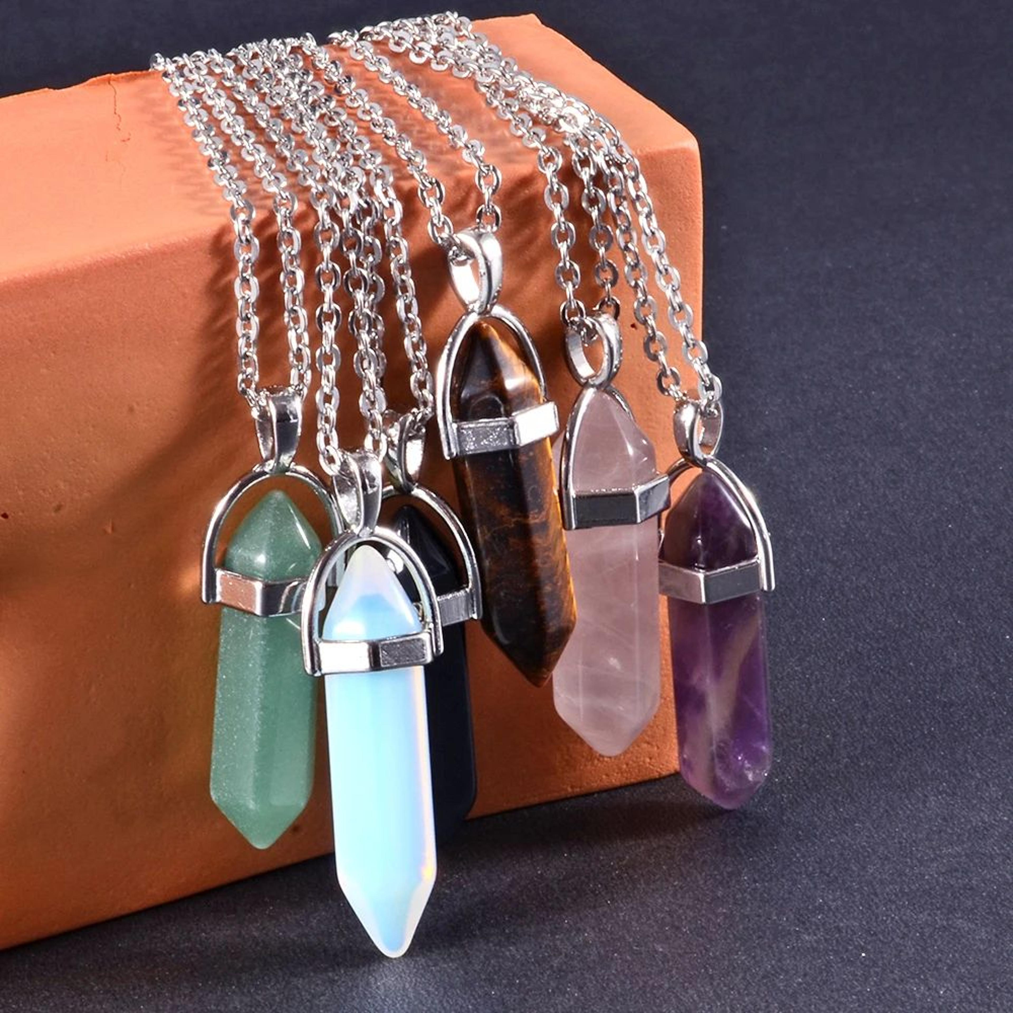 crystal point pendant necklace – hexagonal quartz or obsidian with stainless steel for chakra style & meaningful gifts