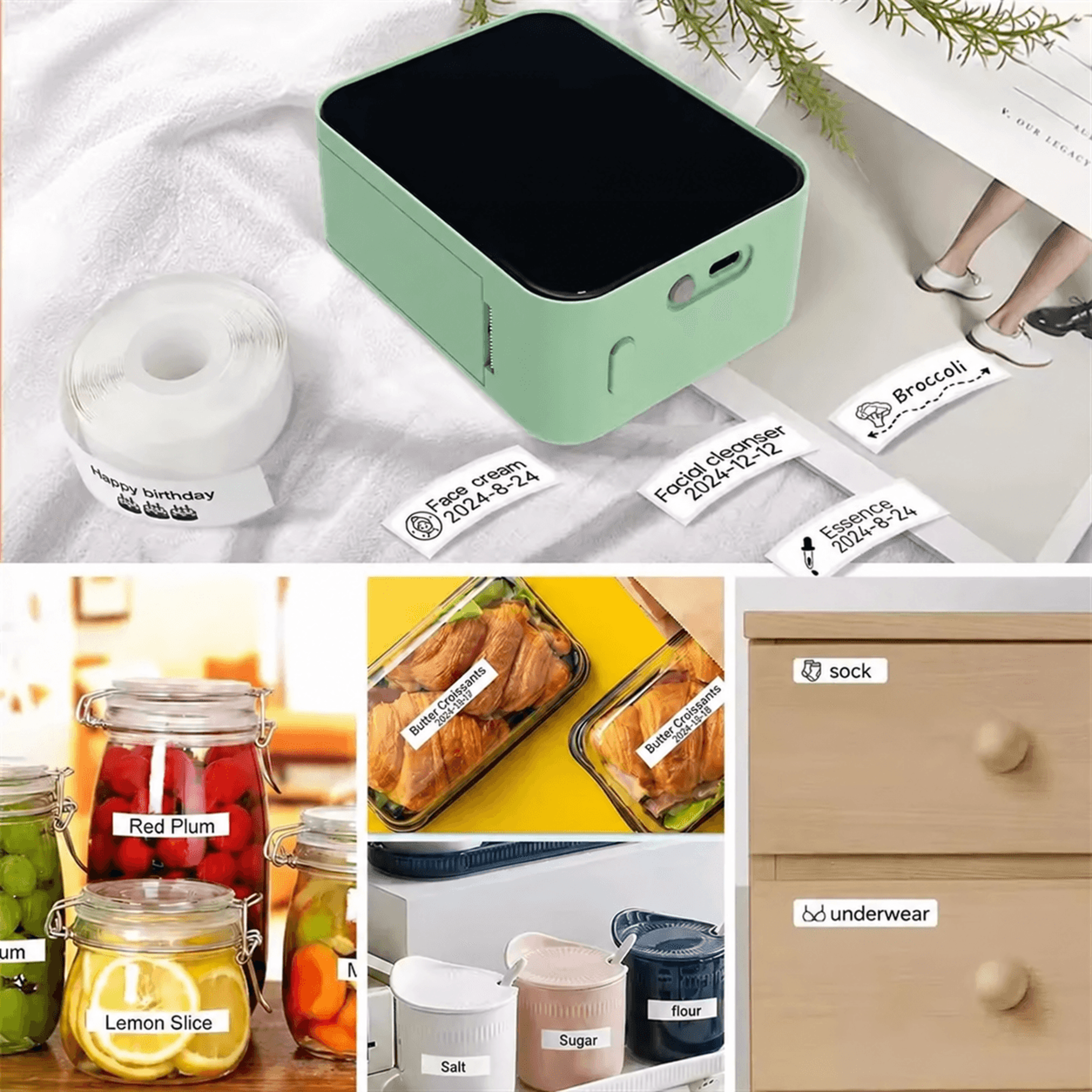 mini bluetooth label printer – p15 inkless thermal sticker maker with 160 labels, usb-c charging for home organization