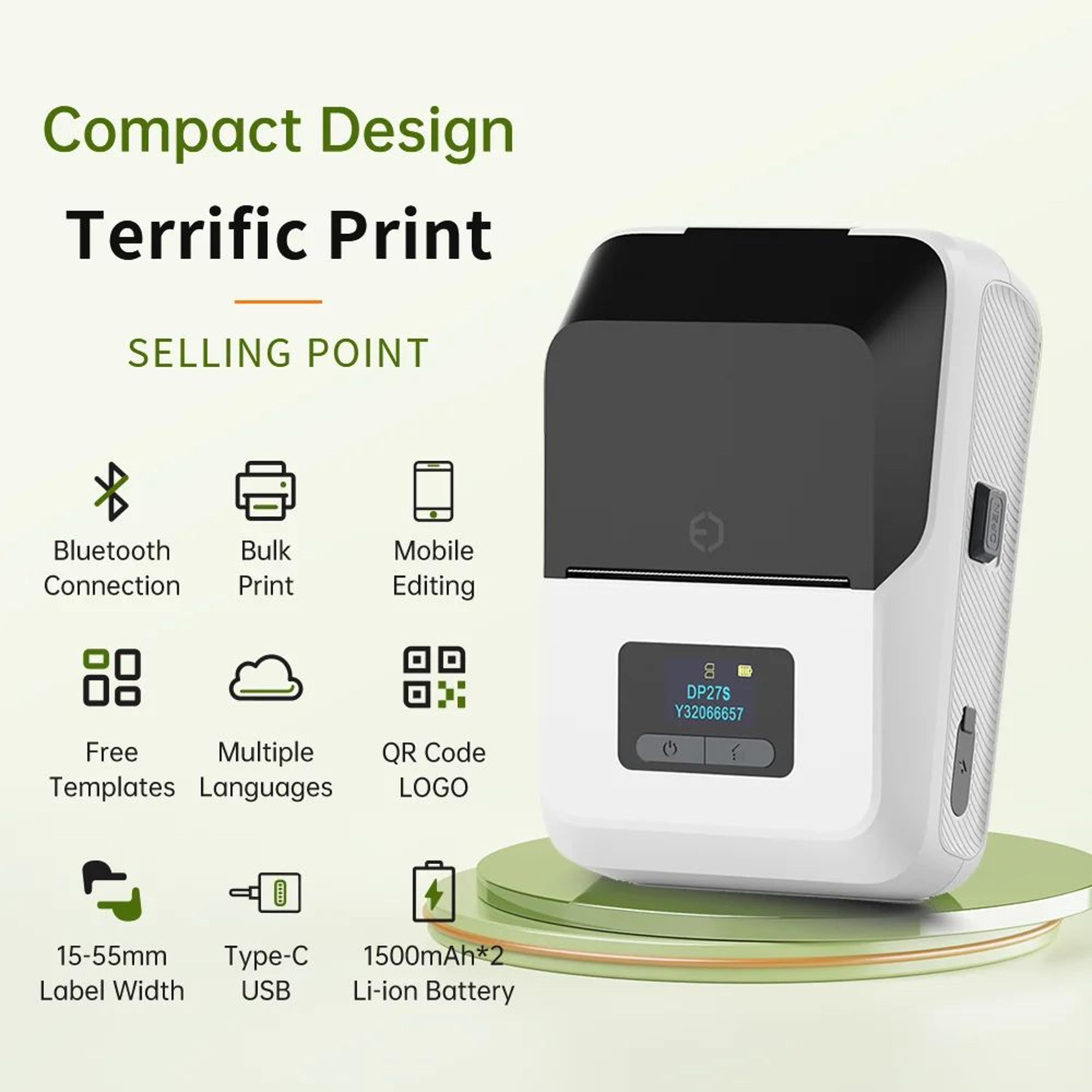 mini thermal label printer – dp27s bluetooth inkless sticker maker with 2in tft display for ios, android & home office