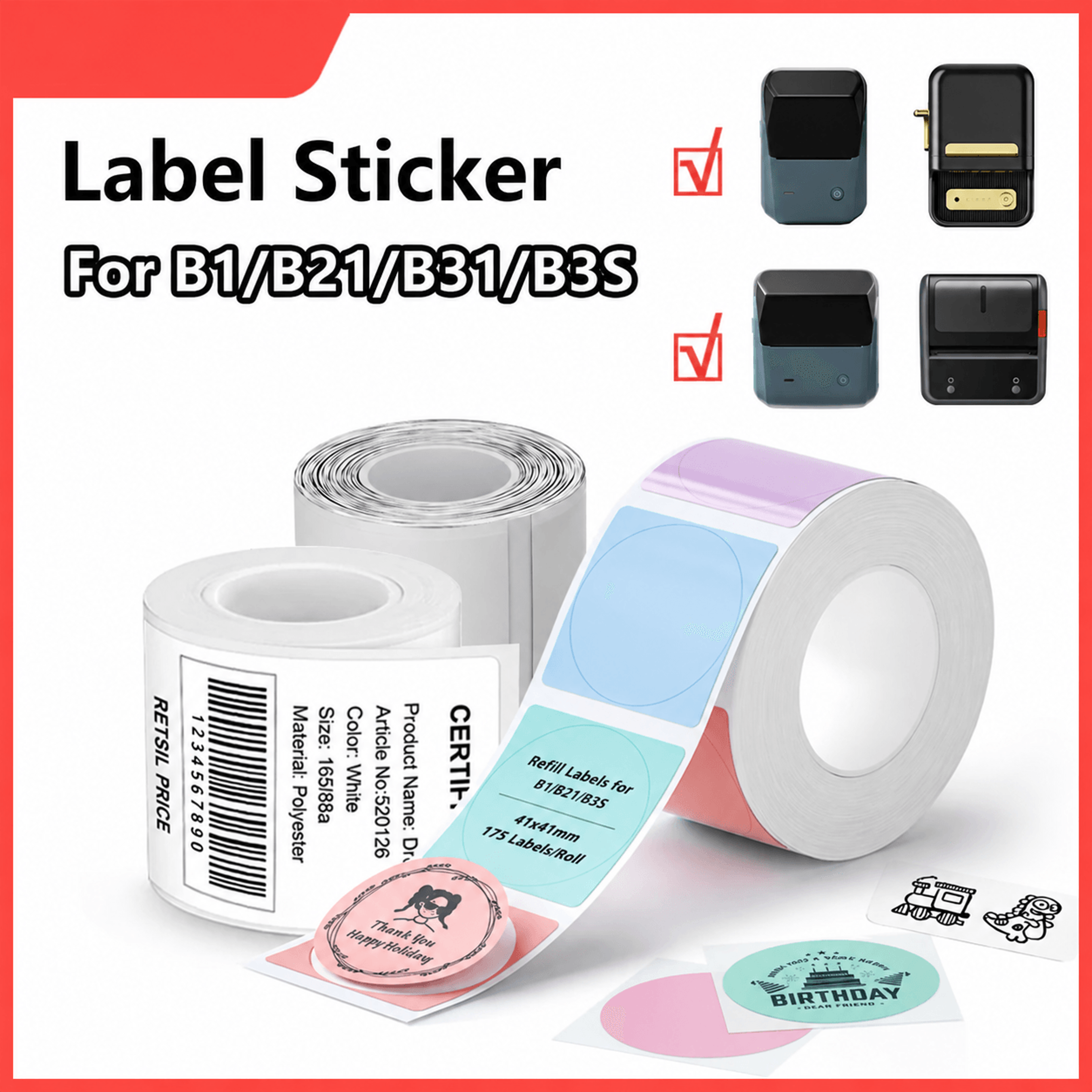 thermal label rolls – white, color & transparent adhesive stickers for b1, b21, b31 & b3s printers with auto detection