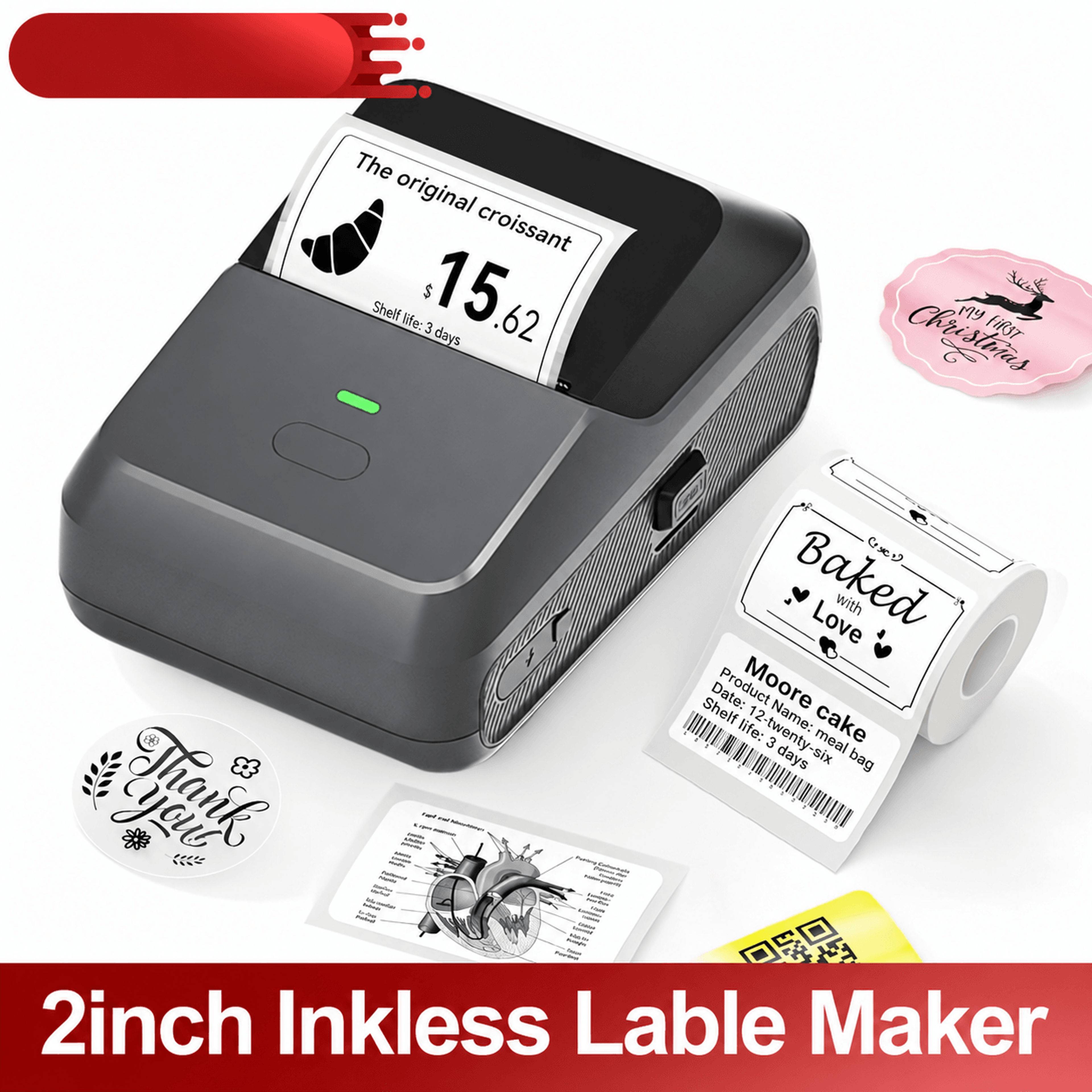 mini label printer – bluetooth inkless barcode & price sticker maker via weprint app for ios, android, home & business