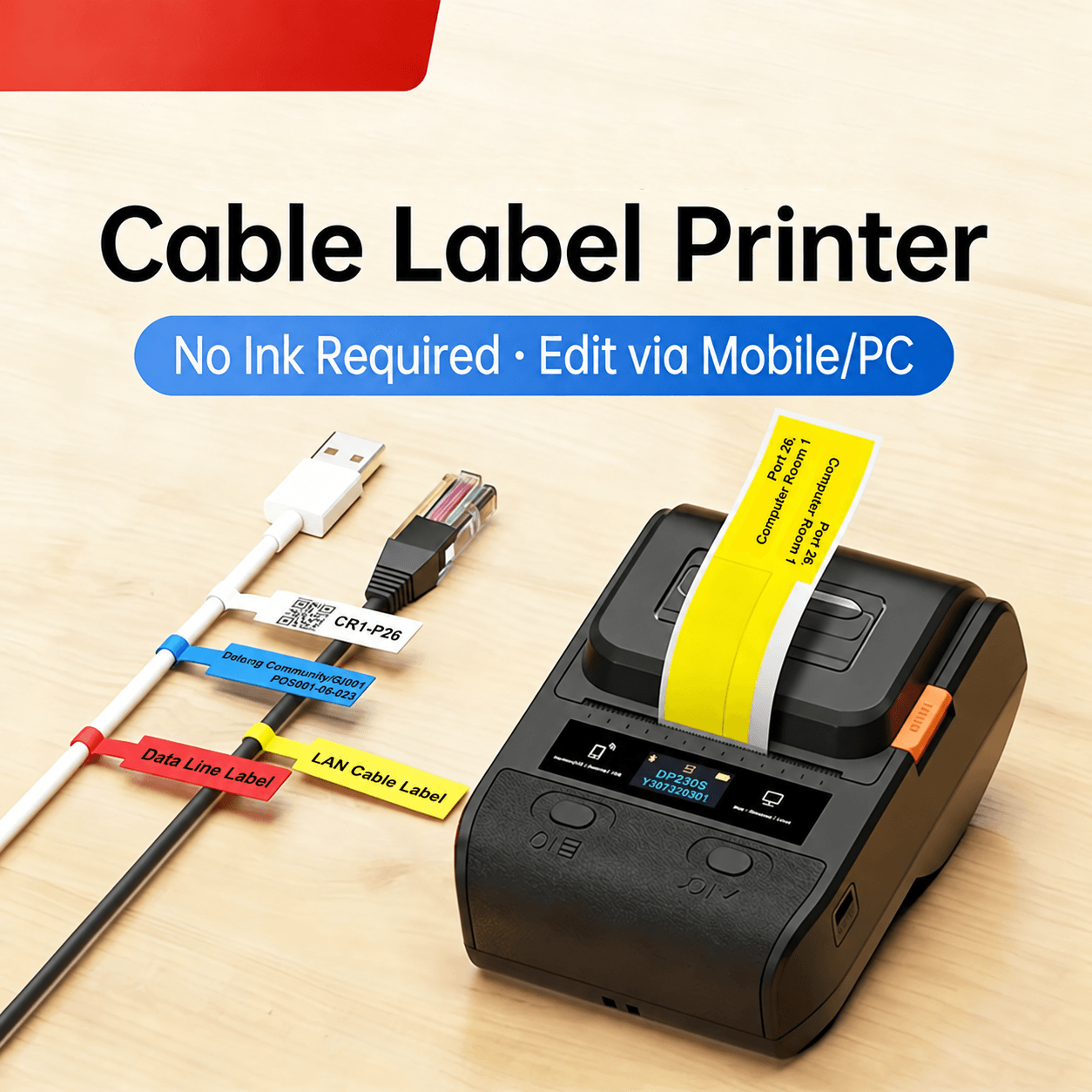 portable label printer – dp230s bluetooth inkless barcode & qr sticker maker for cable tags, shops & home organization