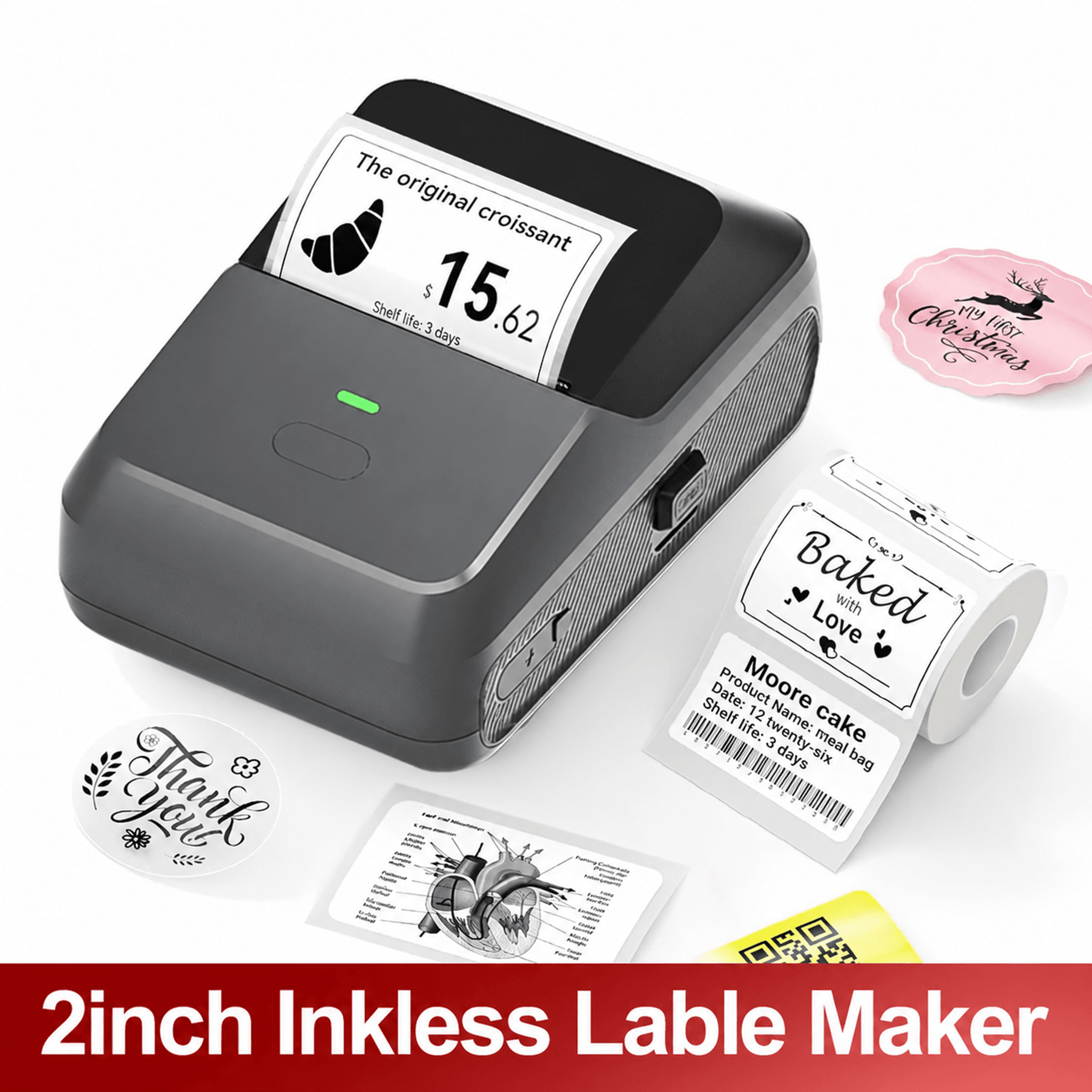 mini label printer – bluetooth inkless barcode & price sticker maker for ios, android, home & business via weprint app