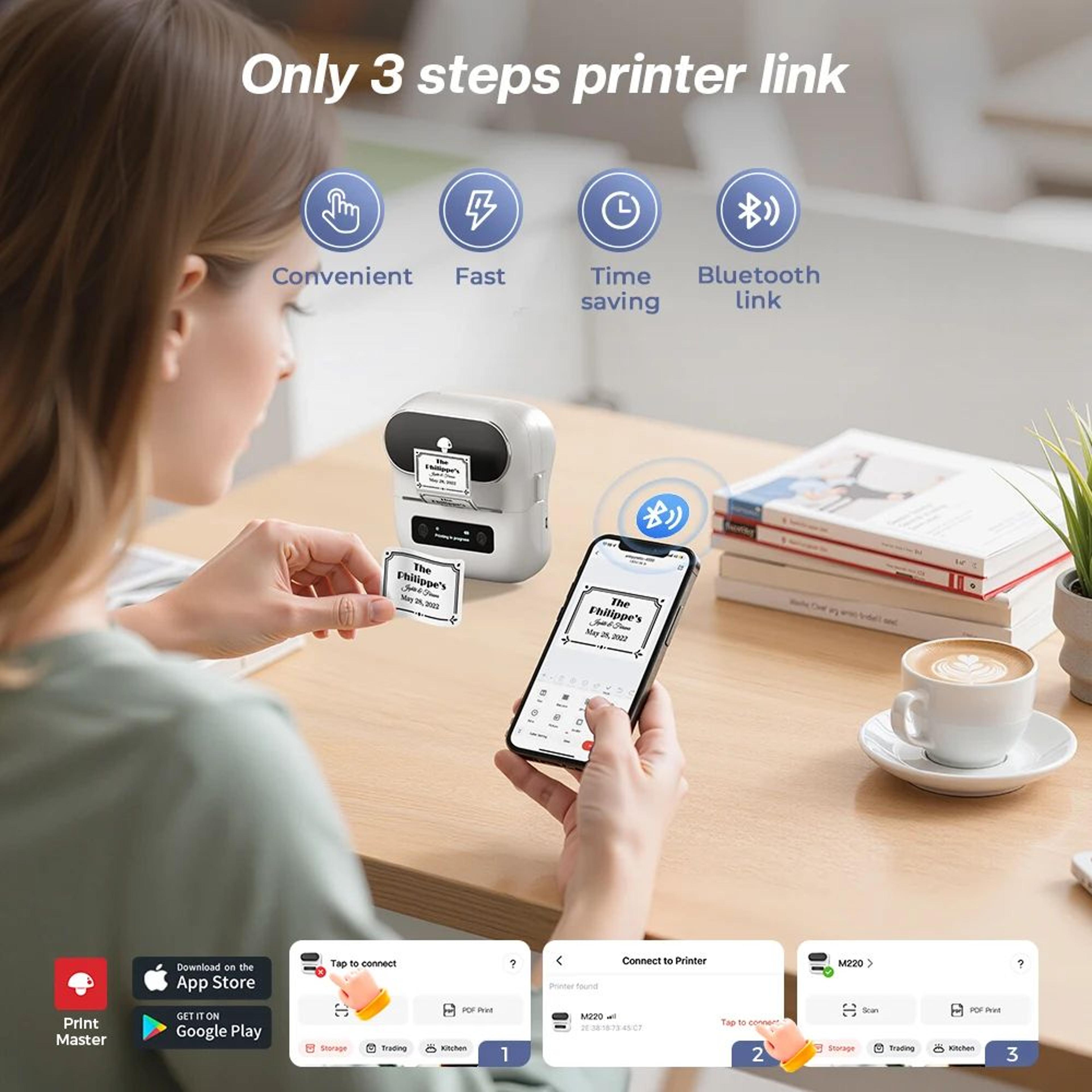 Portable Label Printer  M220 Bluetooth 50 Inkless Sticker Maker With Case  3 Label Rolls For Office 5