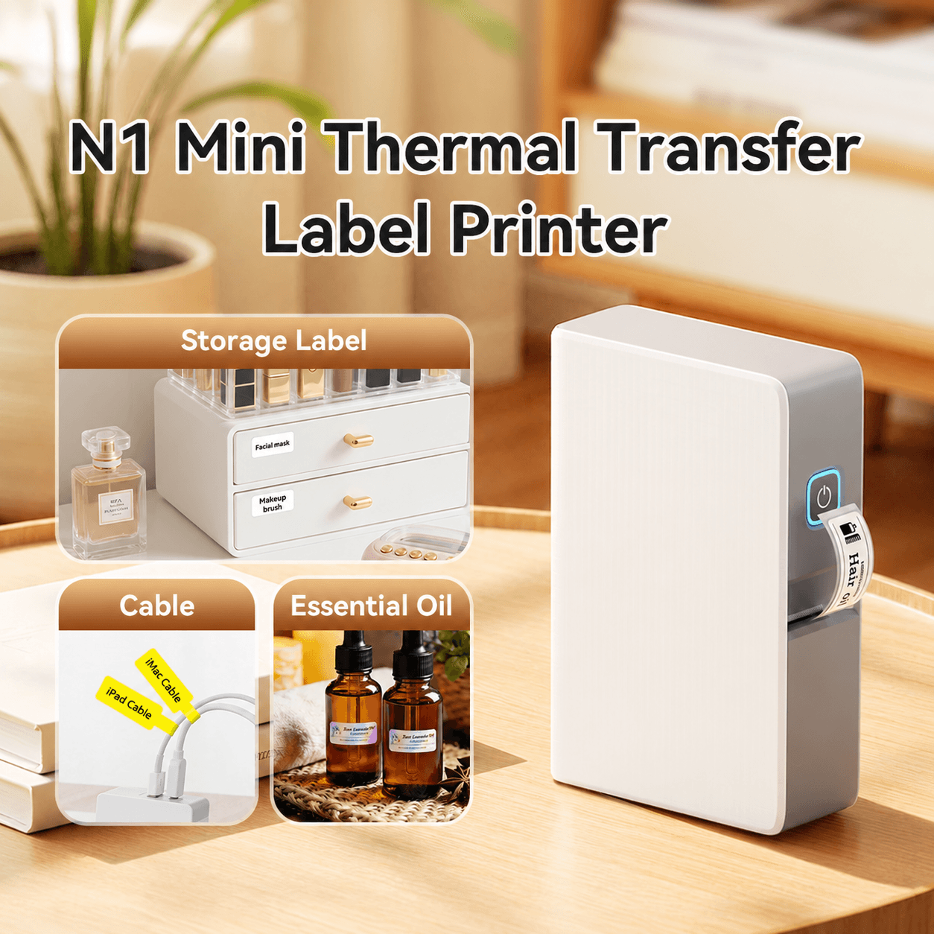 portable label printer – n1 bluetooth thermal transfer sticker maker with ribbon for home storage, office & cable tags