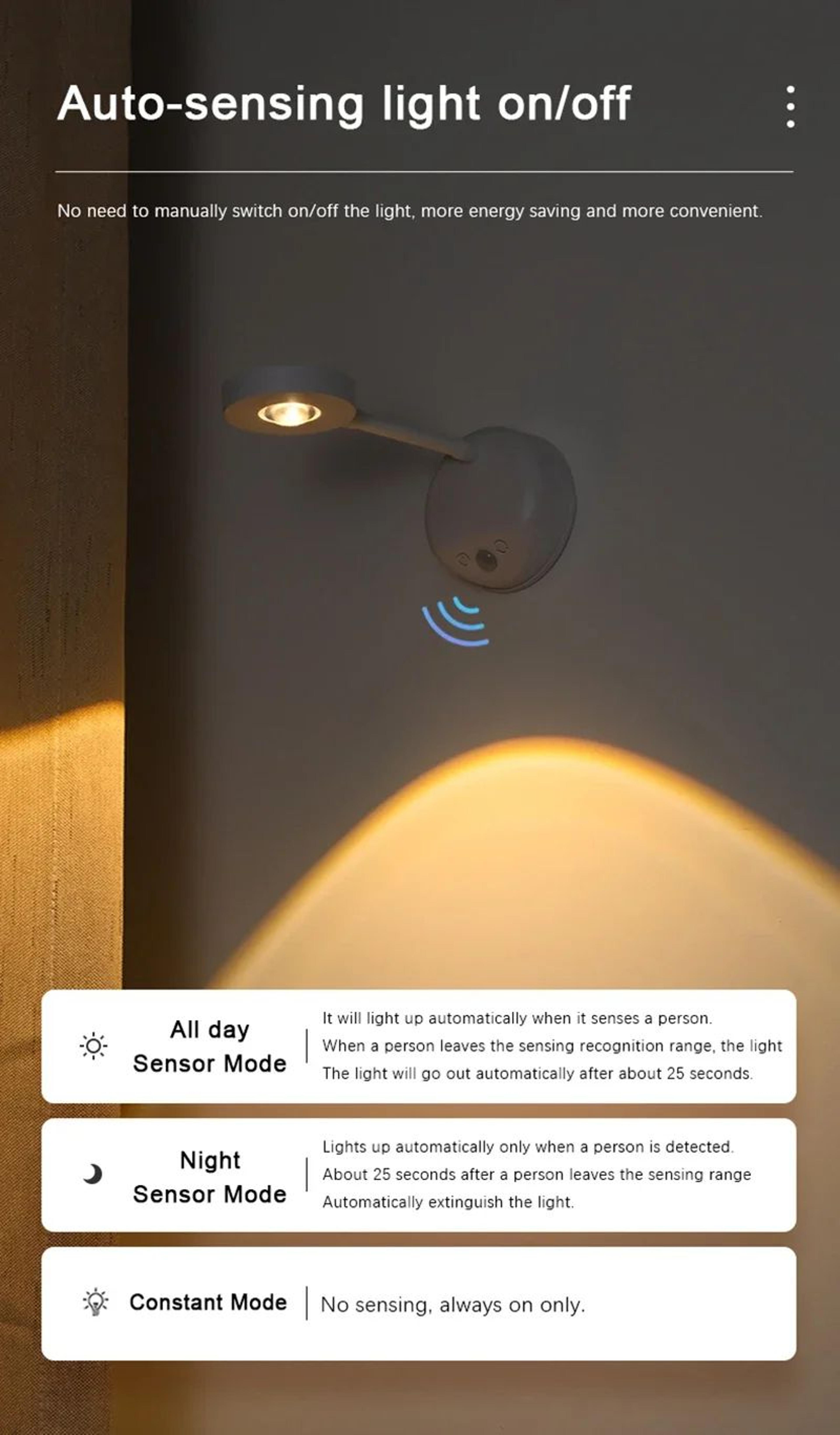 USB Rechargeable Wall Lamp  Dimmable Motion Sensor Night Light With 3 Light Colors For Bedroom Beds 5