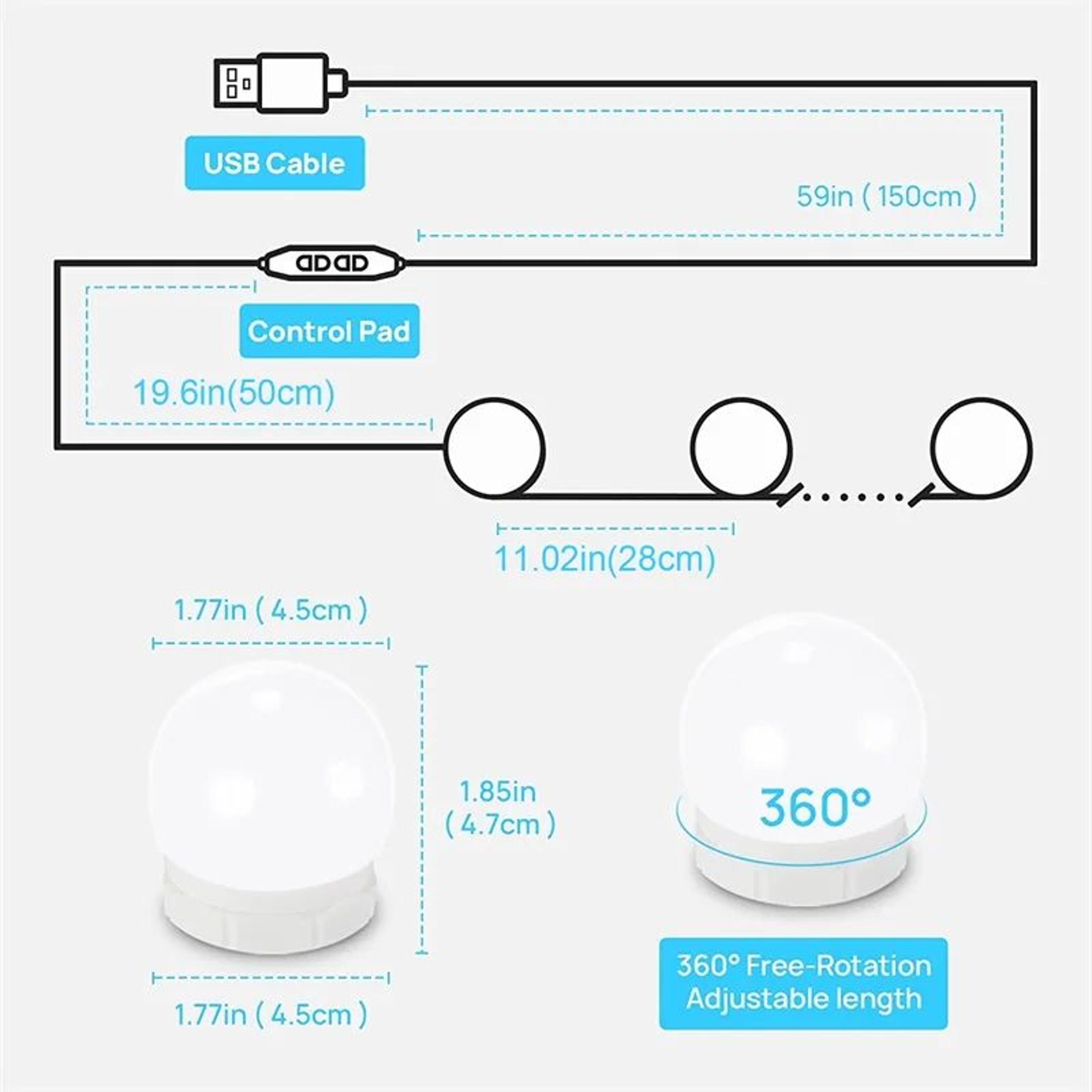 LED Vanity Mirror Lights  Hollywood Style USB Stick On Bulbs With 3 Colors  9 Brightness Levels For 6