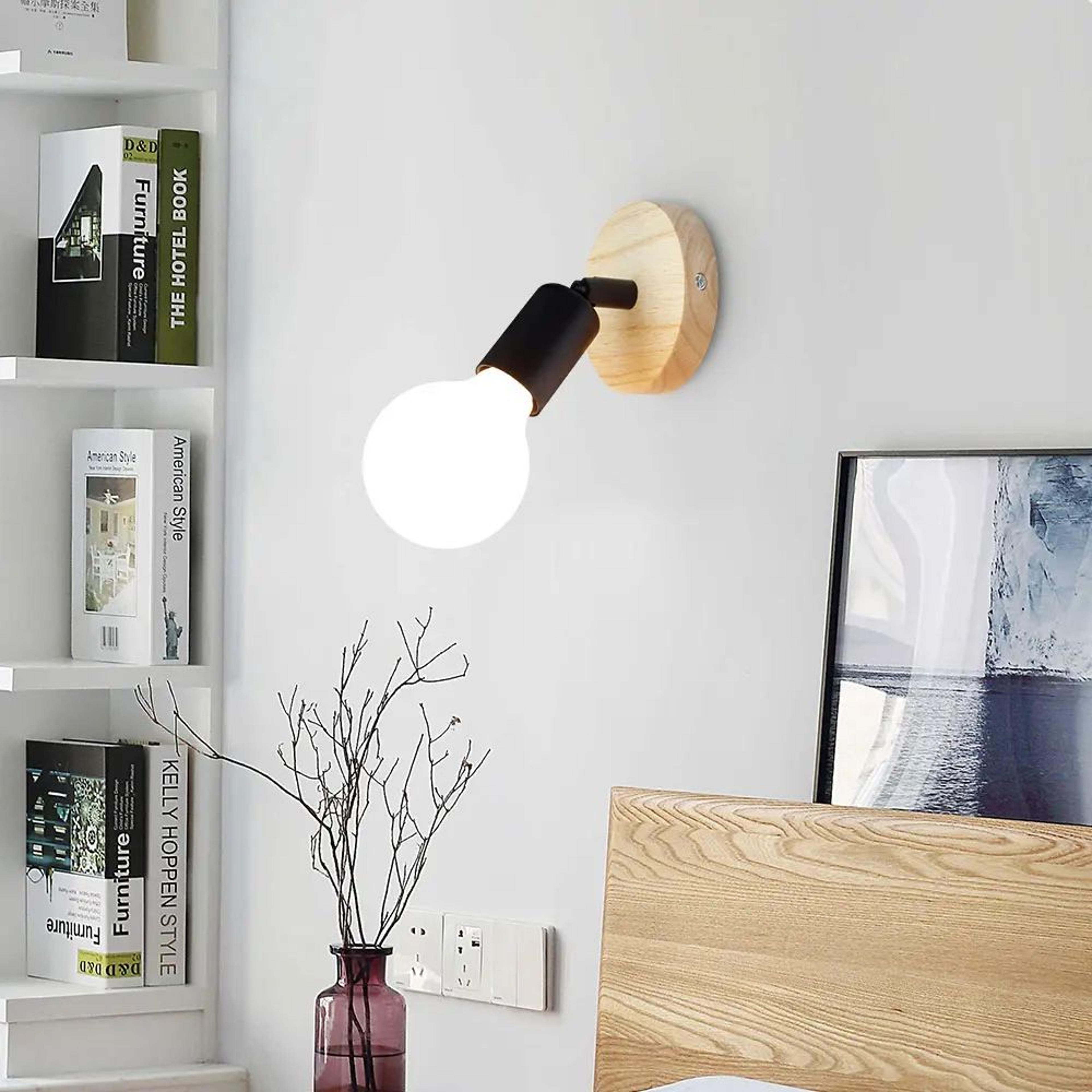 Wooden Base E27 Wall Light  Retro Iron Bedside Sconce In Black Or White For Bedroom Living Room  Vi