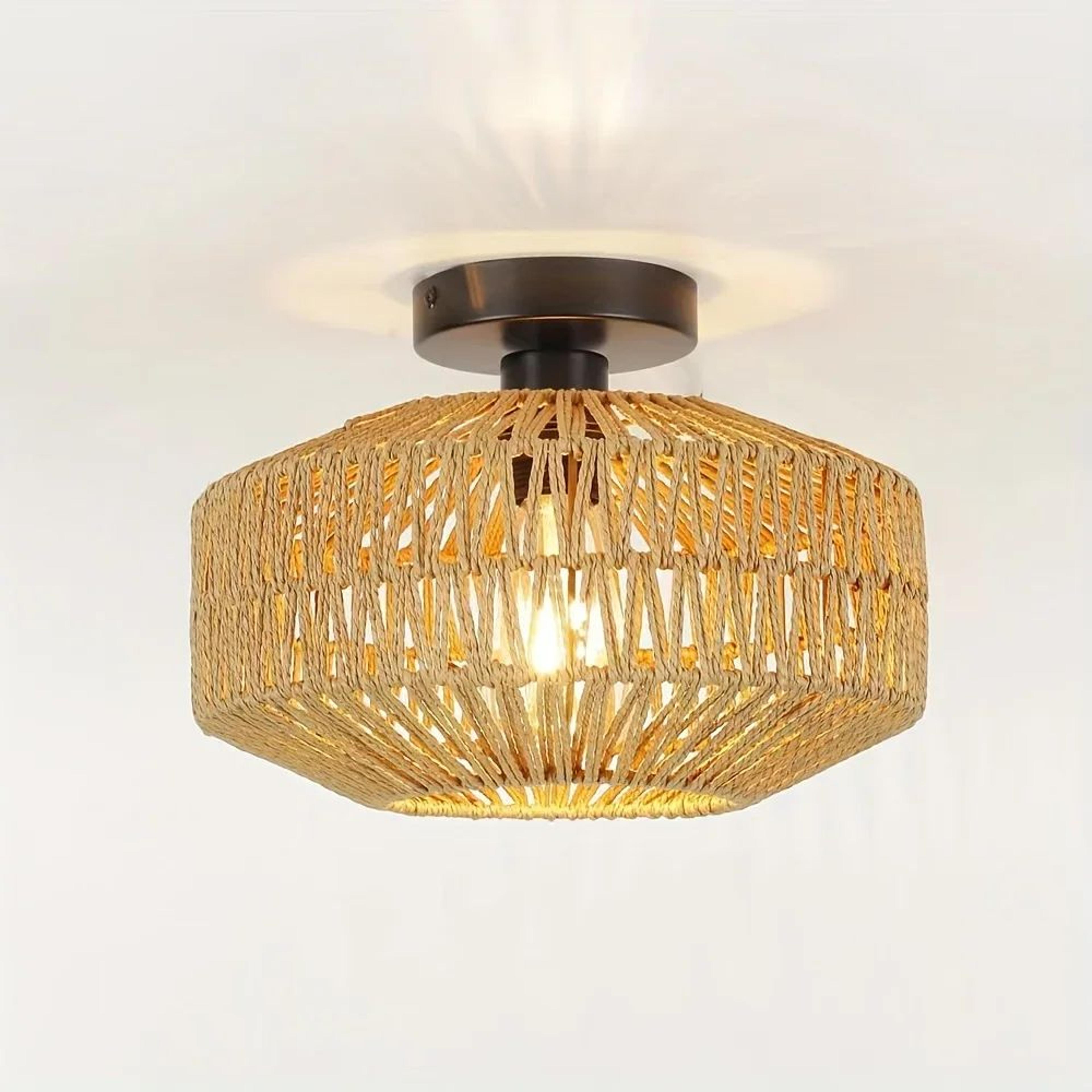 handwoven rattan ceiling lamp – rustic semi flush mount chandelier for bedroom, living room, kitchen and hallway decor