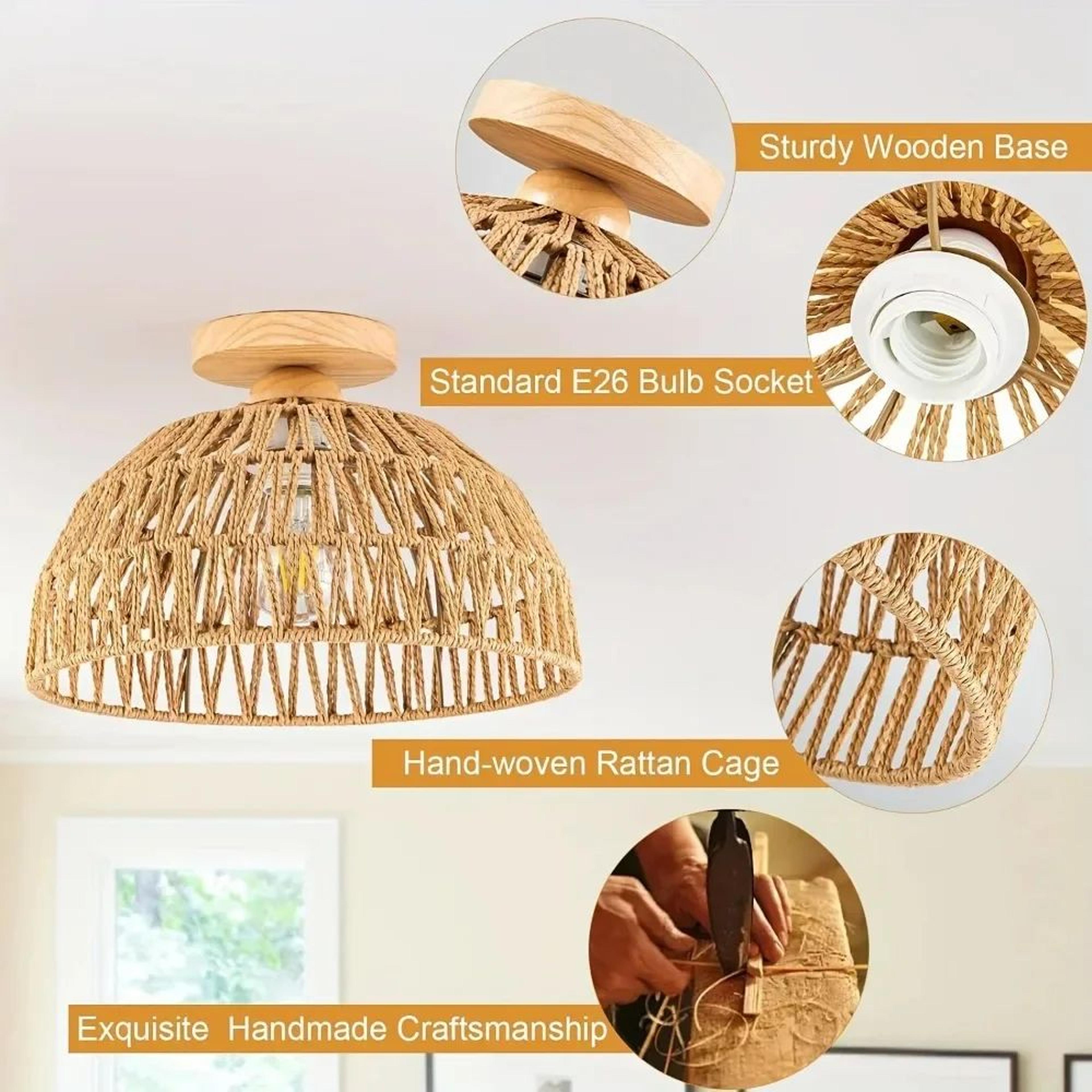 Handwoven Rattan Ceiling Lamp  Rustic Semi Flush Mount Chandelier For Bedroom Living Room Kitchen A 5