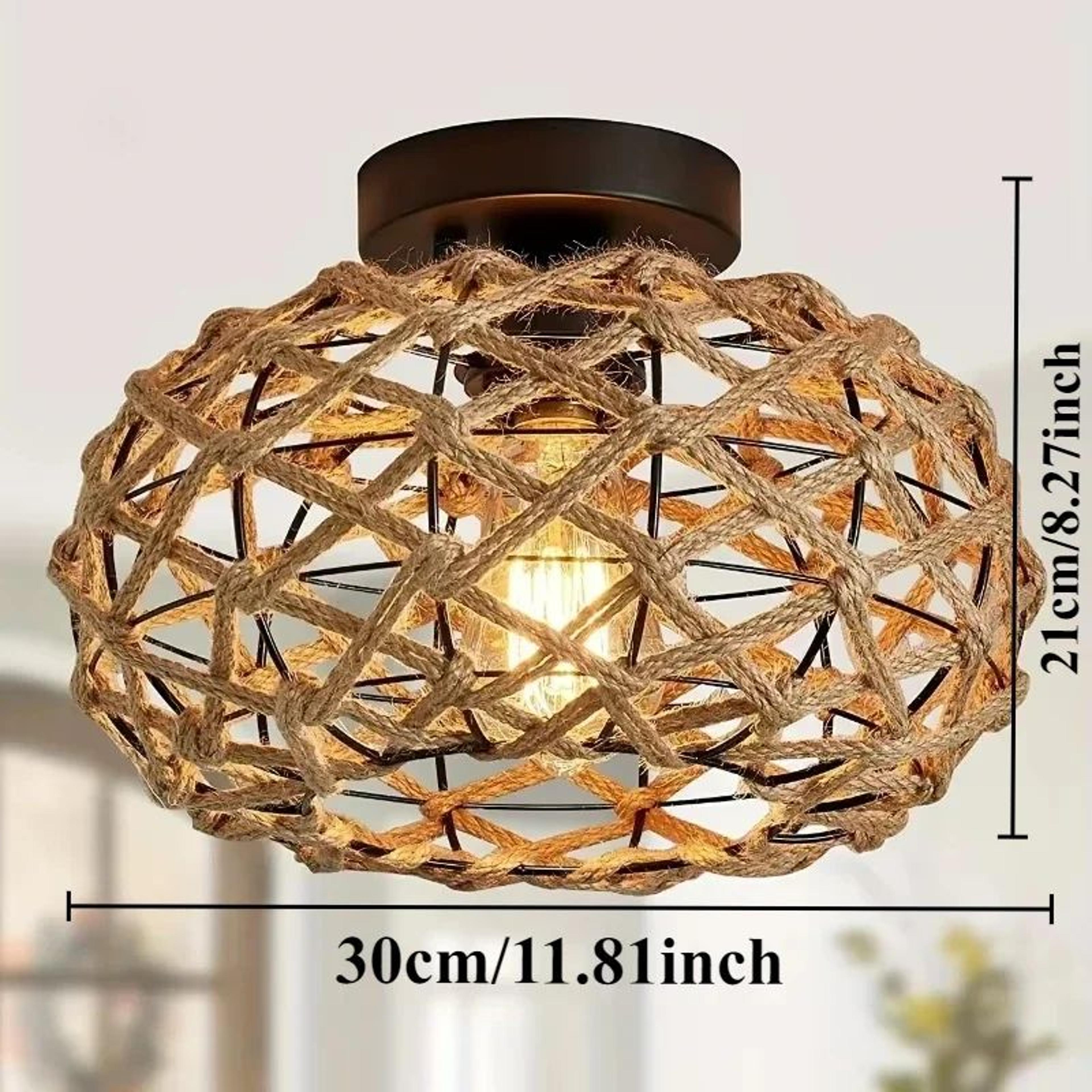 Handwoven Rattan Ceiling Lamp  Rustic Semi Flush Mount Chandelier For Bedroom Living Room Kitchen A 19