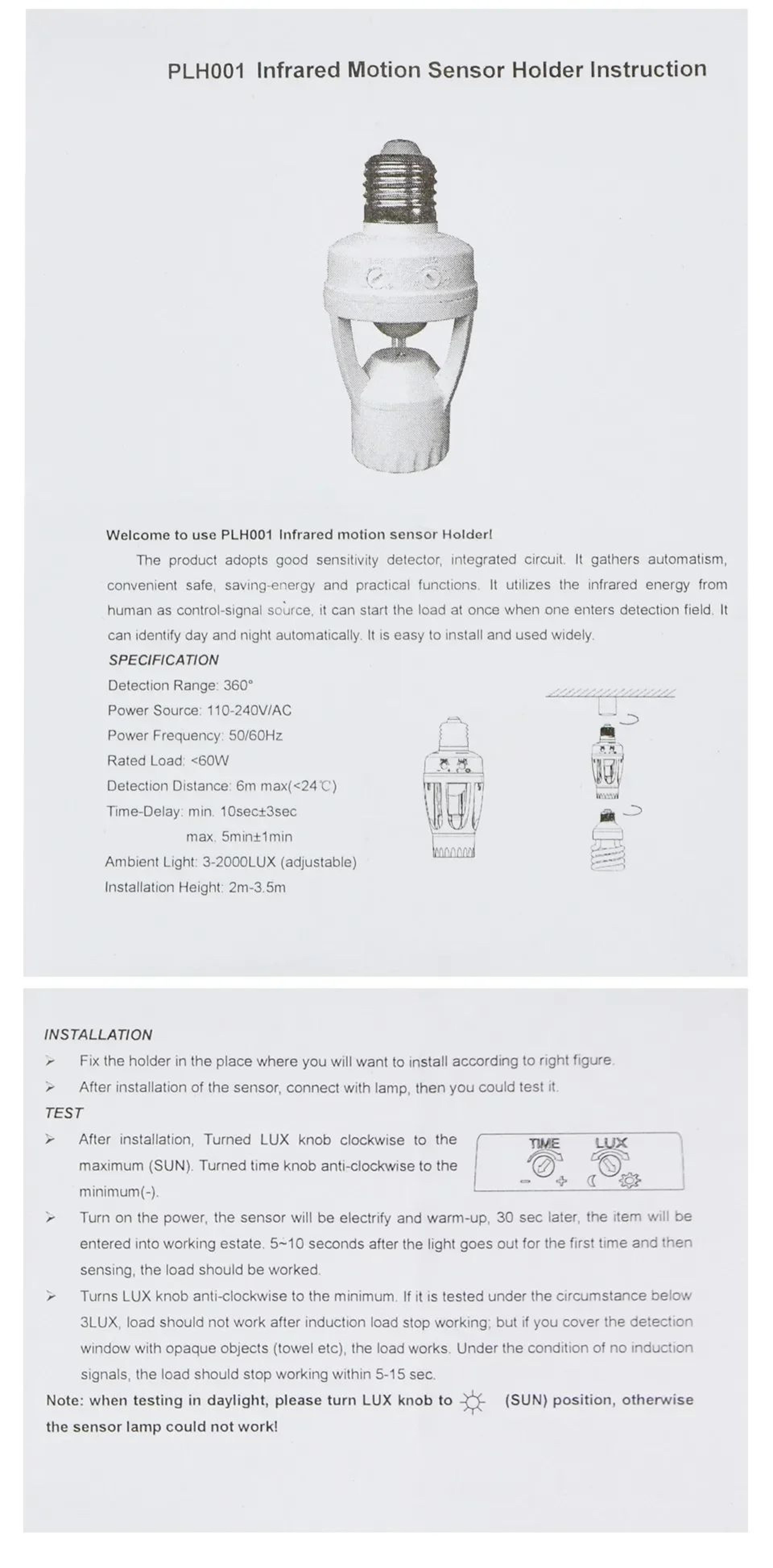 E27 PIR Motion Sensor Lamp Holder  360 Degrees Infrared Bulb Socket With Adjustable Timer  Day Nigh