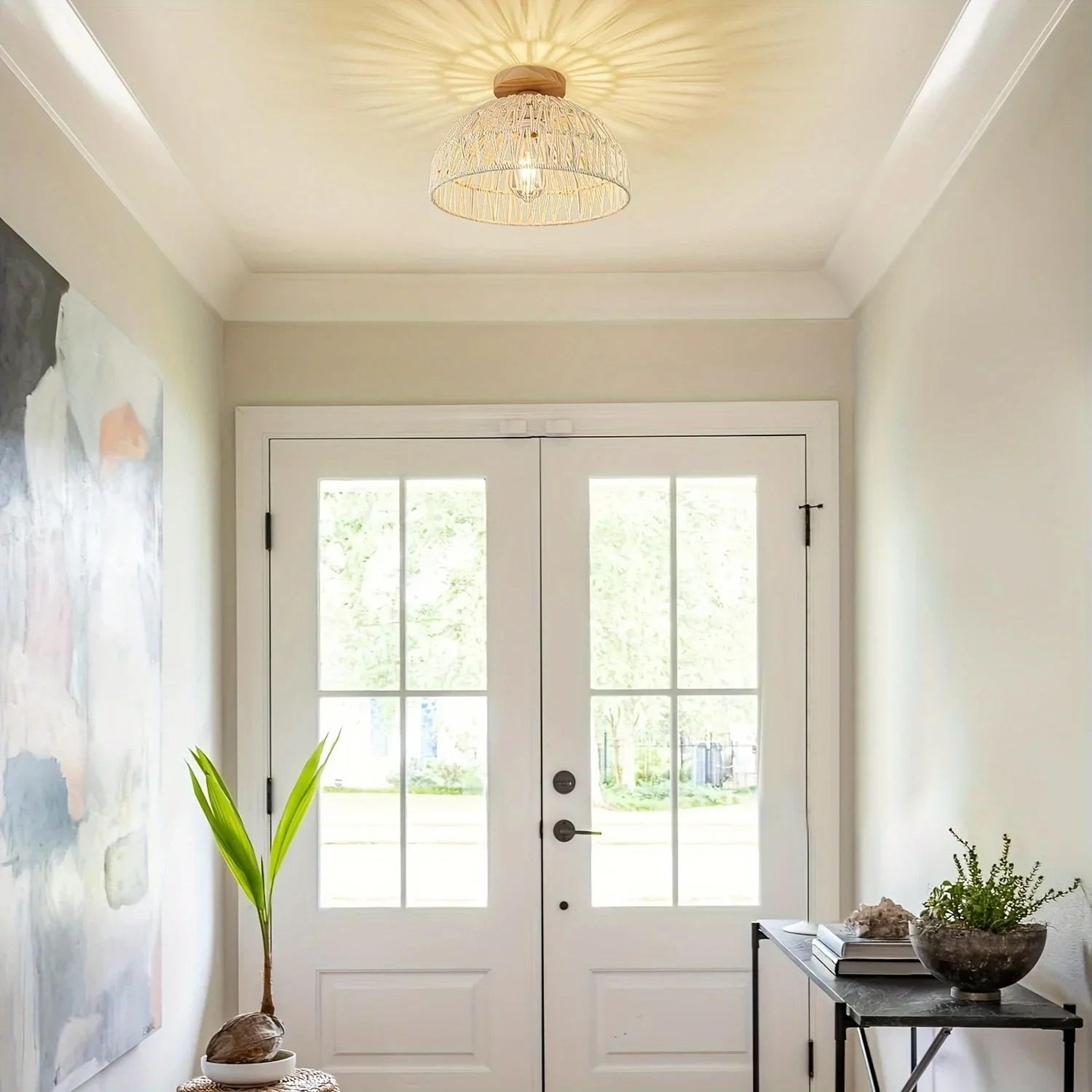 Handwoven Bohemian Ceiling Lamp  Bamboo Semi Flush Mount Fixture With E26 E27 Bulb Base For Natural